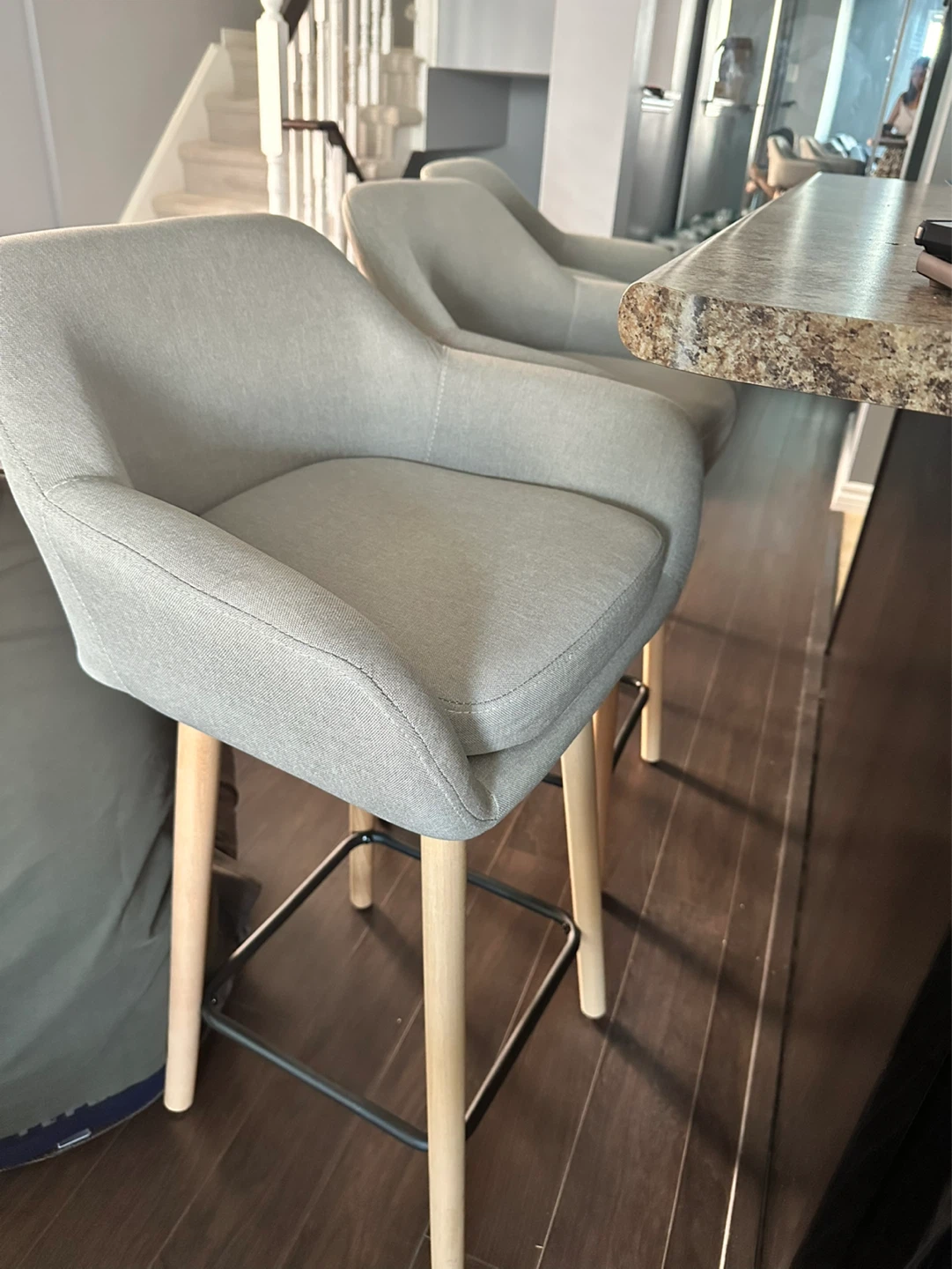 Grey Fabric Bar Stools with Wooden Legs (Set of 2)