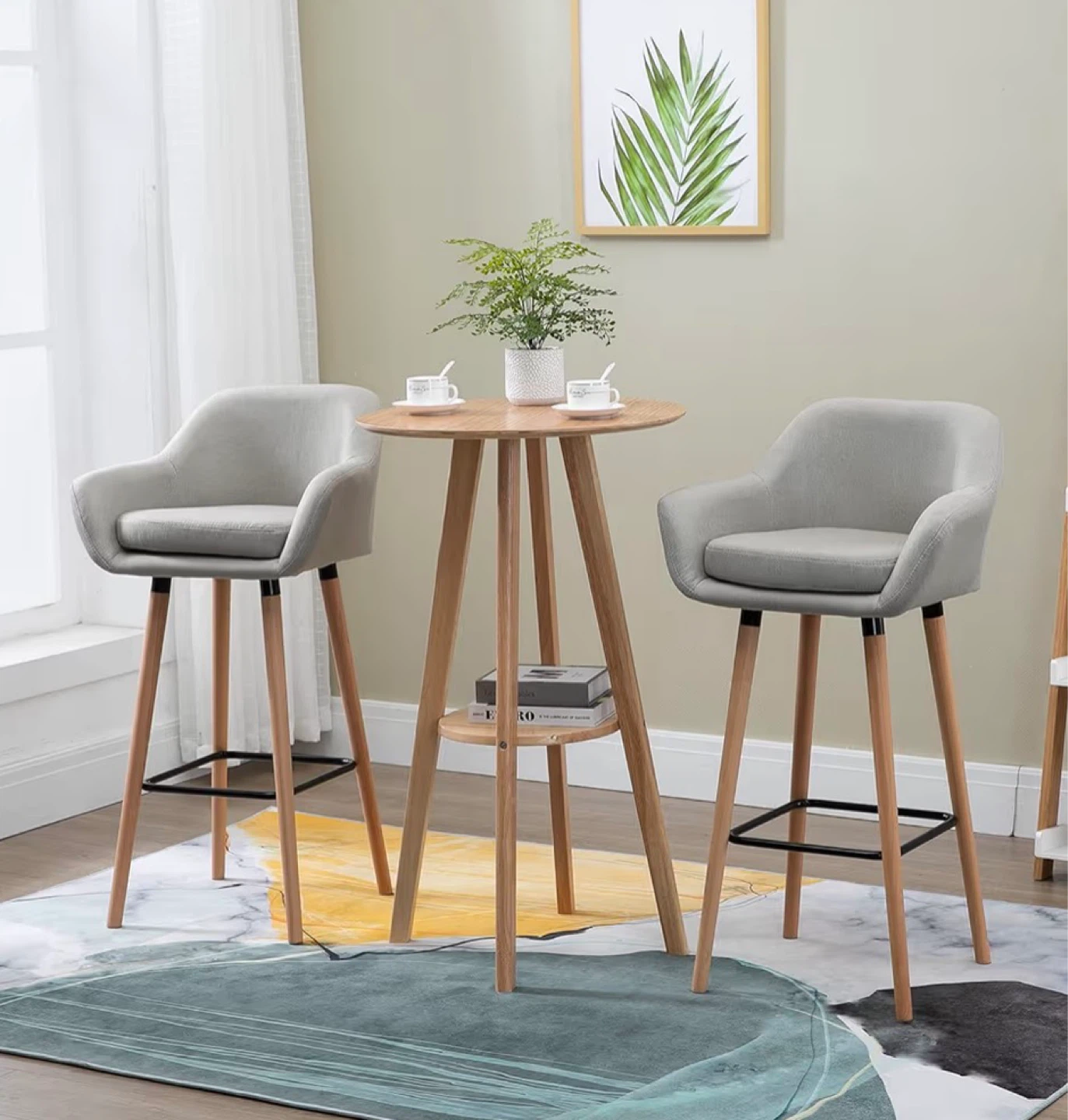 Grey Fabric Bar Stools with Wooden Legs (Set of 2) - photo 2