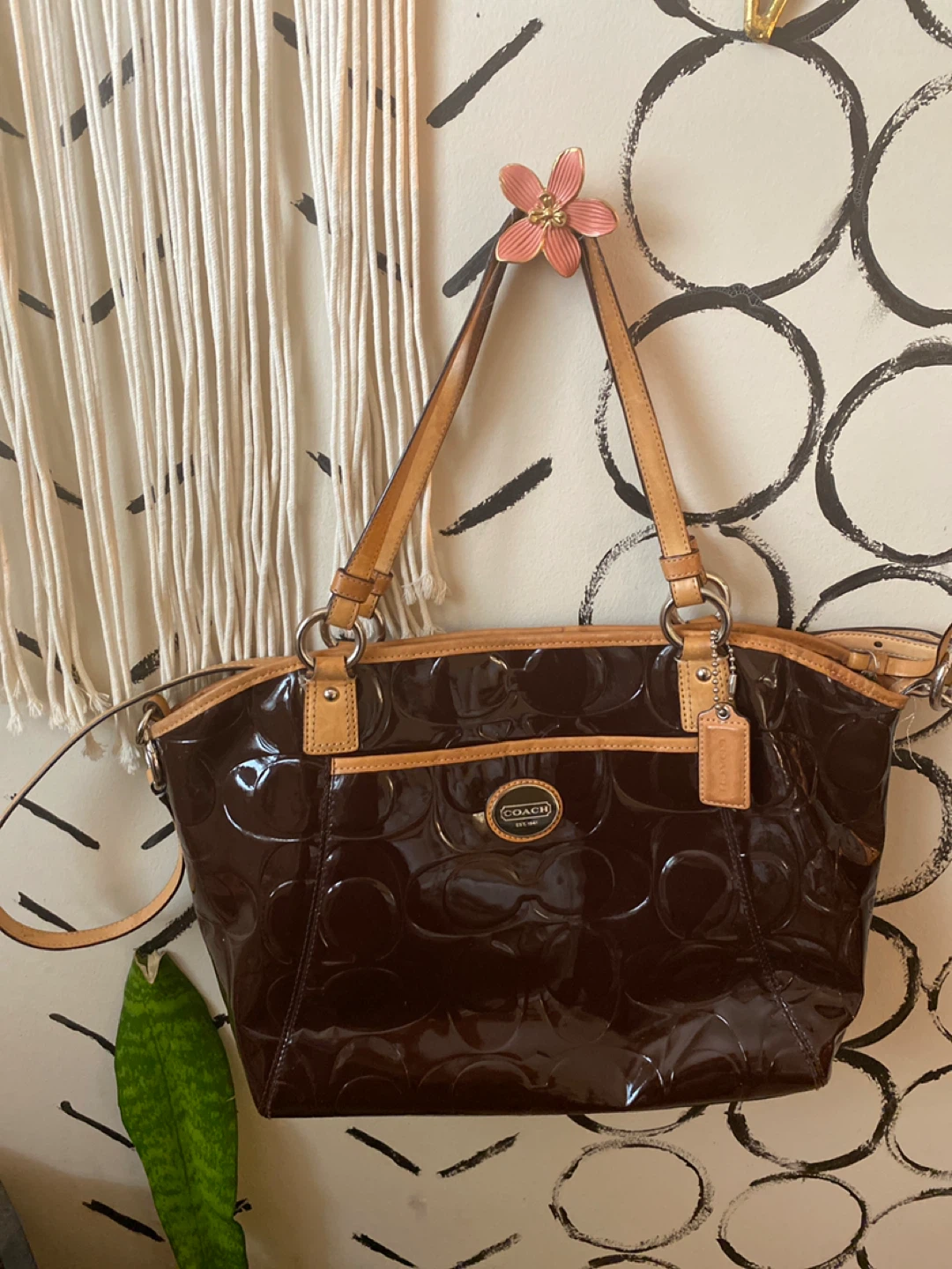 Coach Signature Embossed Patent Leather Tote Bag - Dark Brown