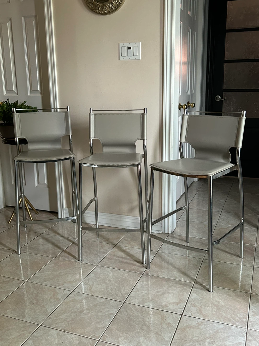 Set of 3 Grey Faux Leather Bar Stools