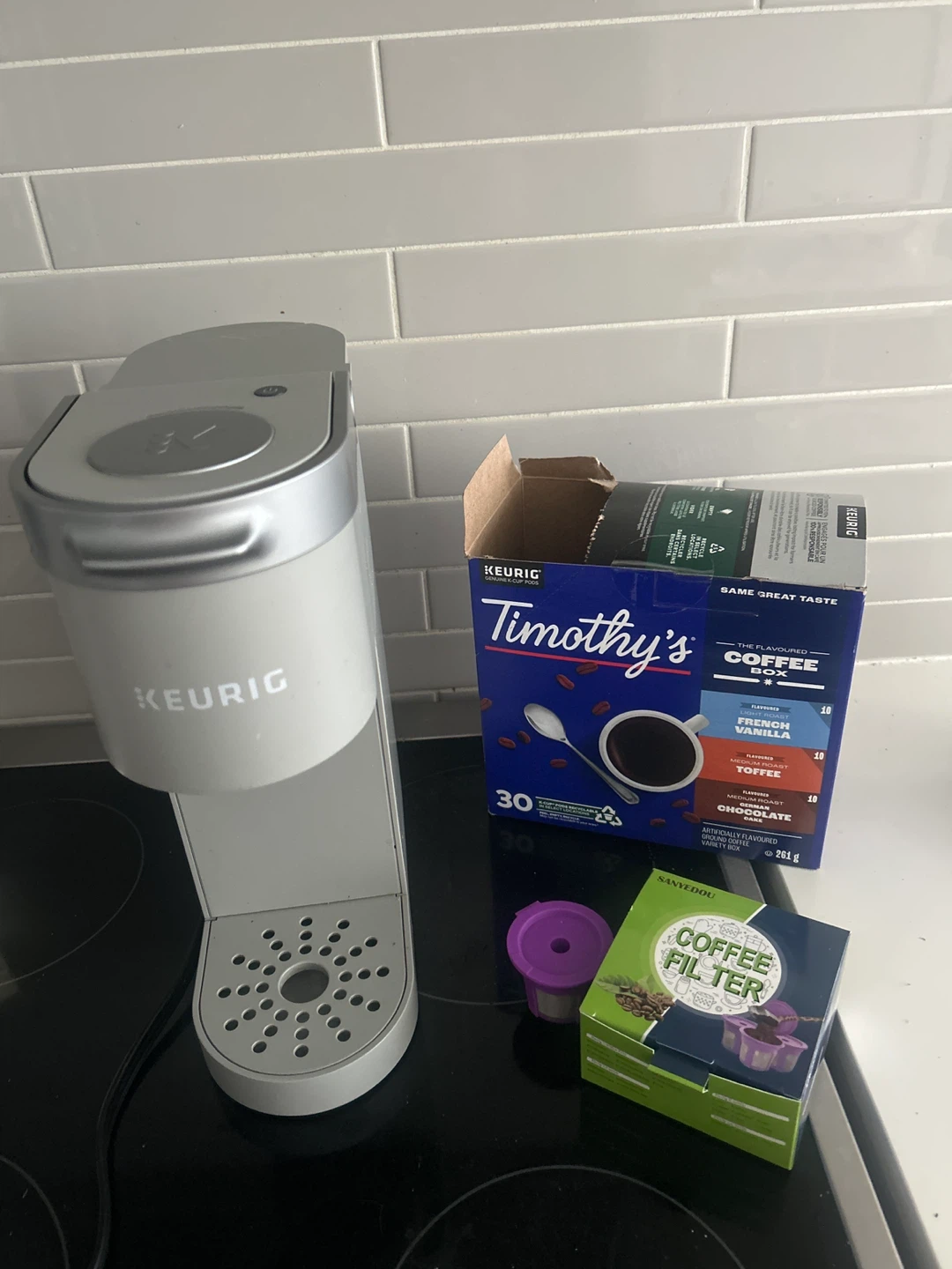 Keurig Coffee Maker with Timothy's Coffee Pods and Filters