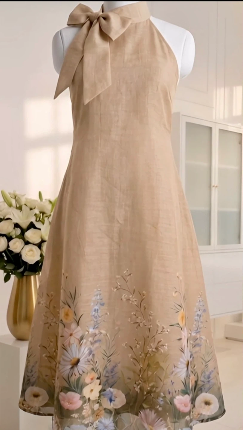 Tan Halter Neck Dress with Floral Print - photo 2