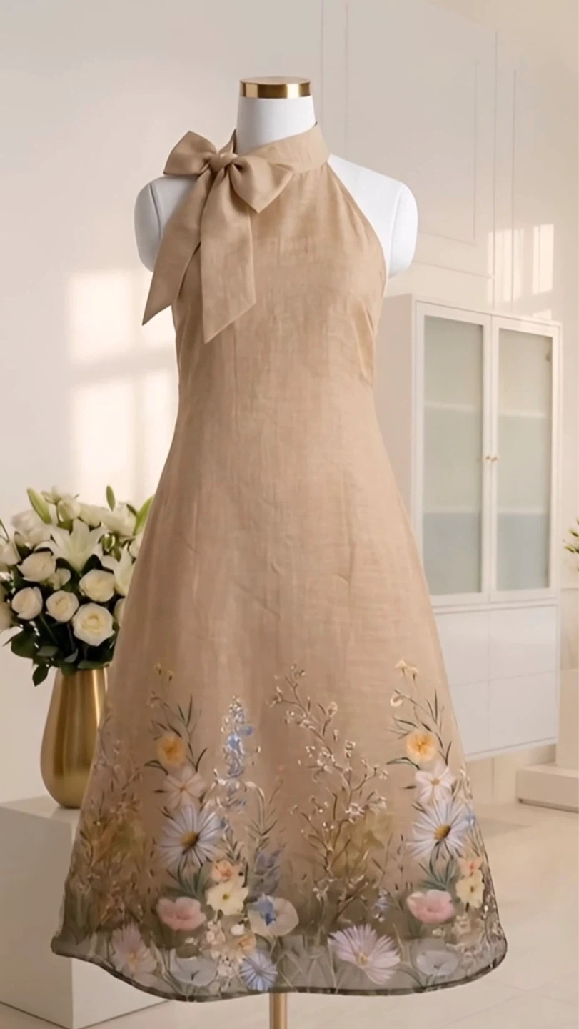 Tan Halter Neck Dress with Floral Print