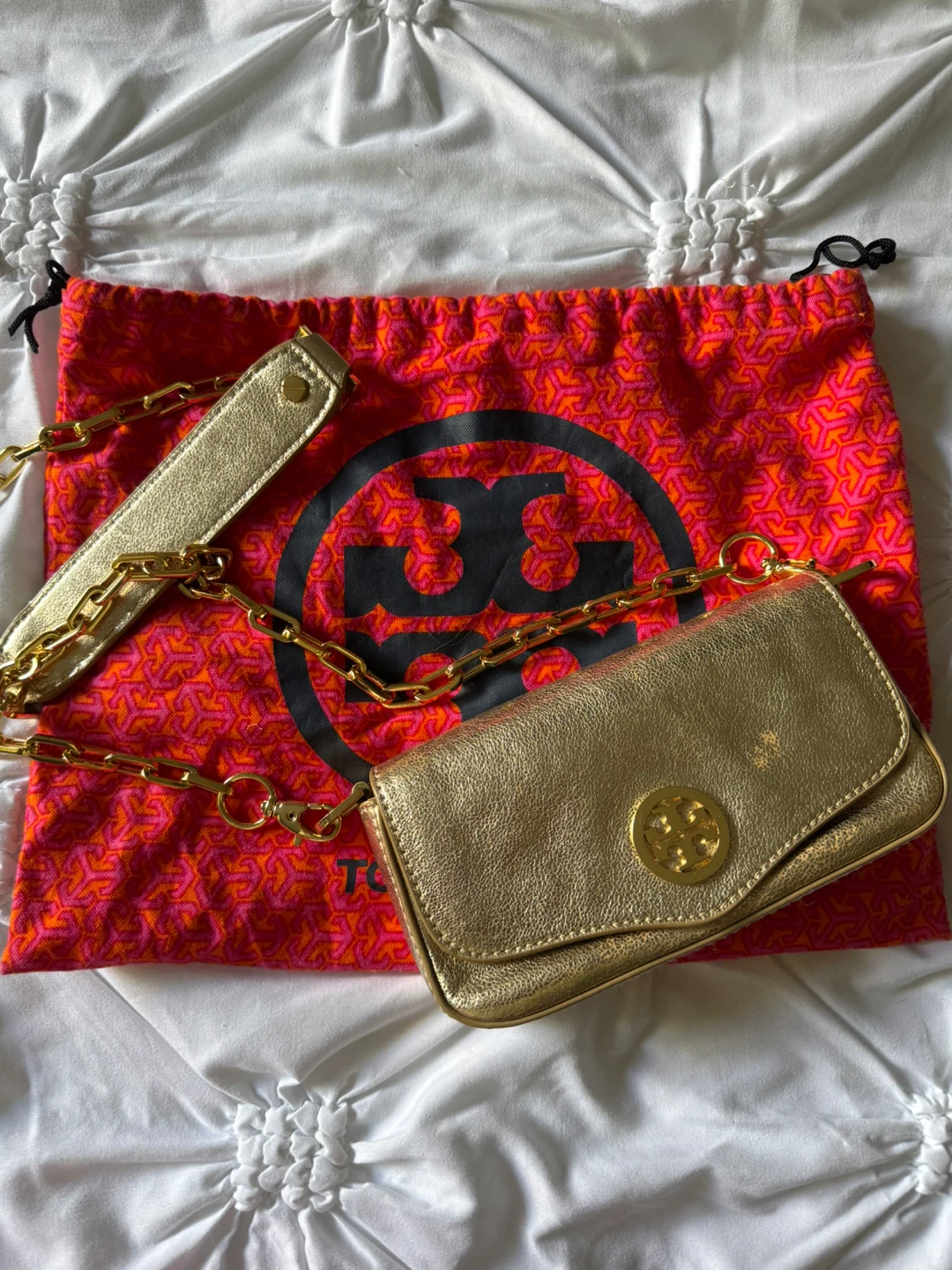 Tory Burch Gold Leather Chain Shoulder Bag with Dust Bag
