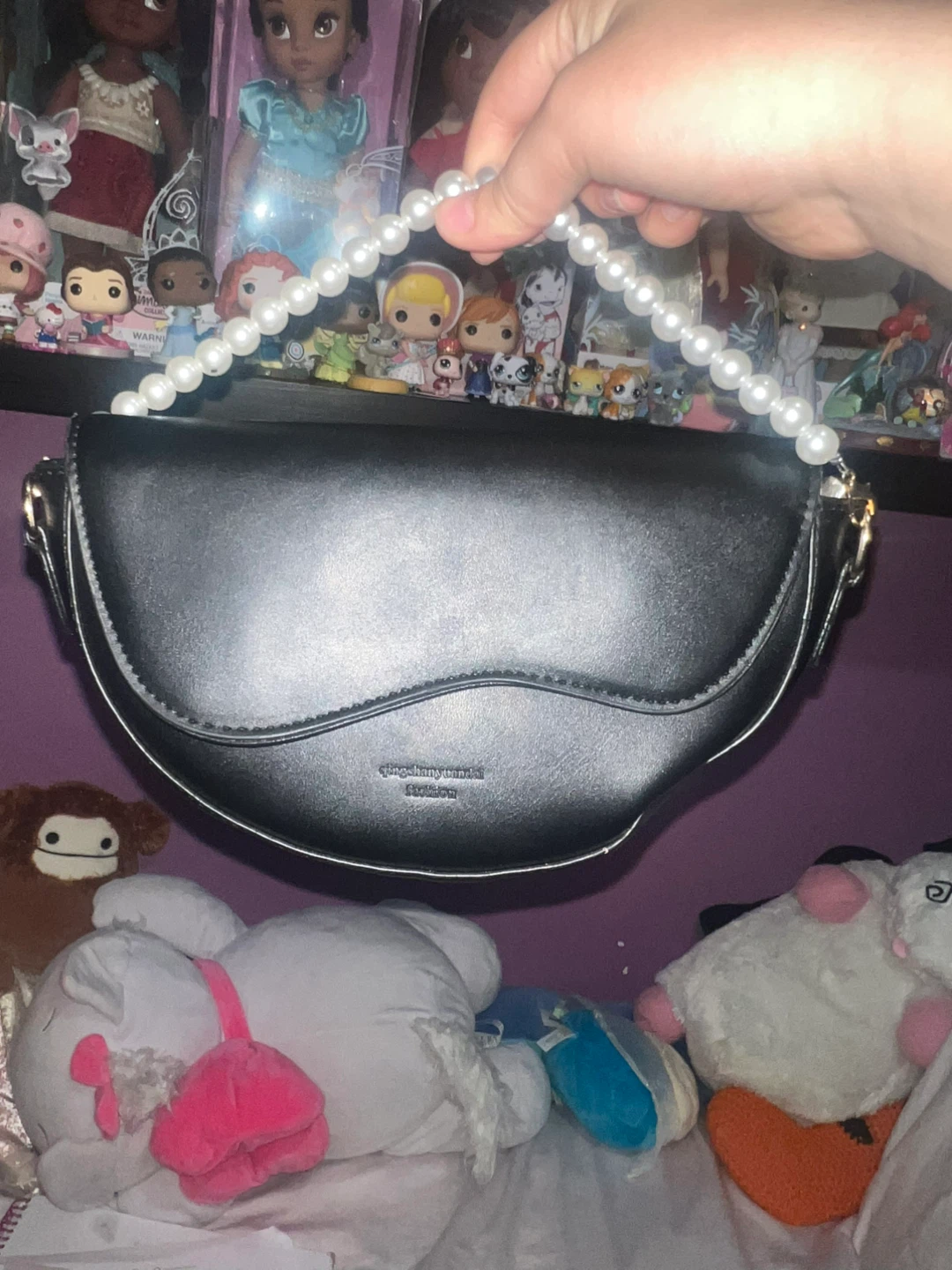 Black Semi-Circle Shoulder Bag with Pearl Strap