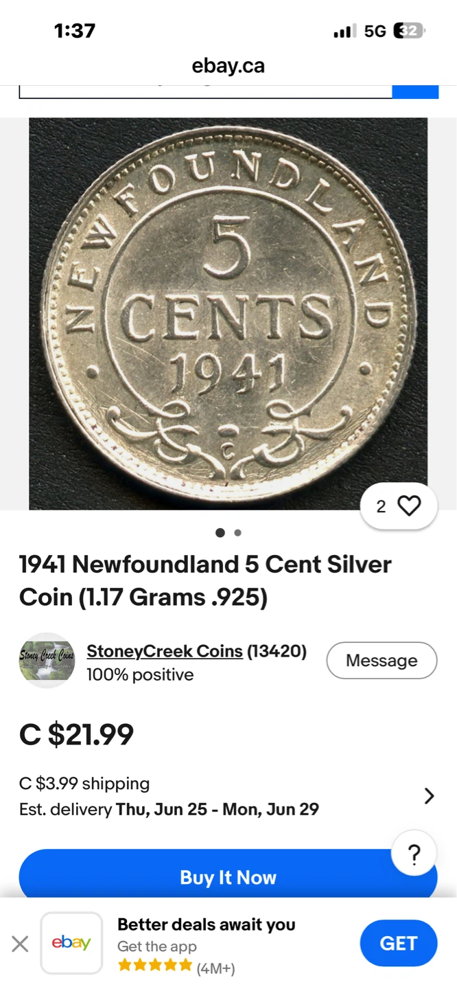 1941 Newfoundland 5 Cent Silver Coin - photo 2