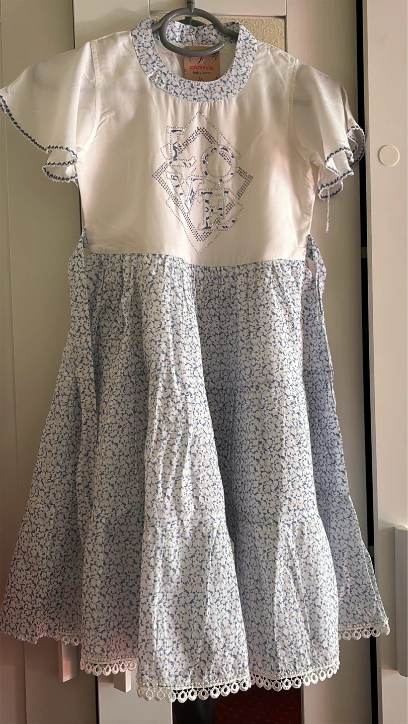 Alam's Baby Wear White Cotton Dress with Blue Floral Pattern