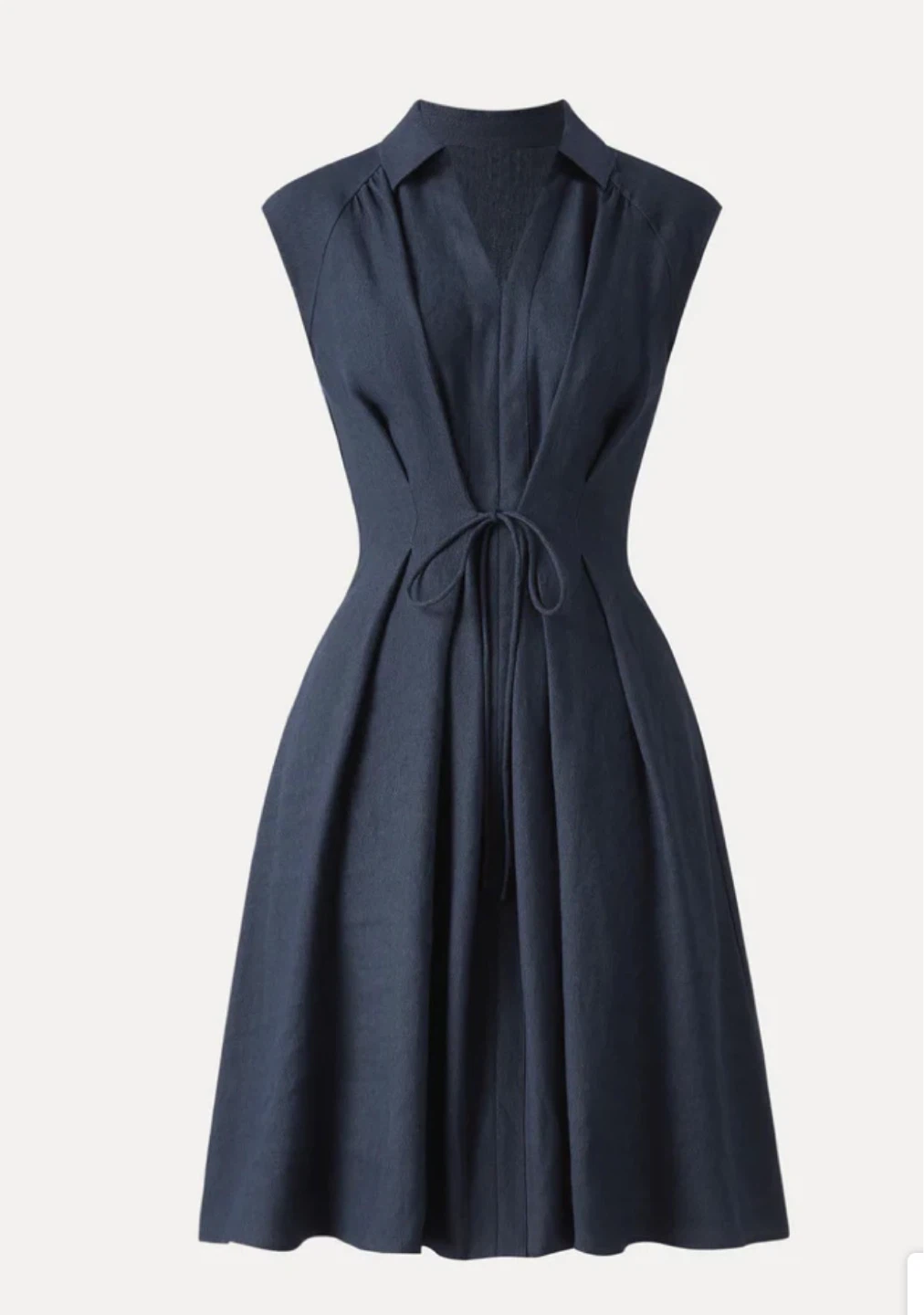 Viscose-Linen Collared V-neck Midi Dress with Drawstring - photo 2