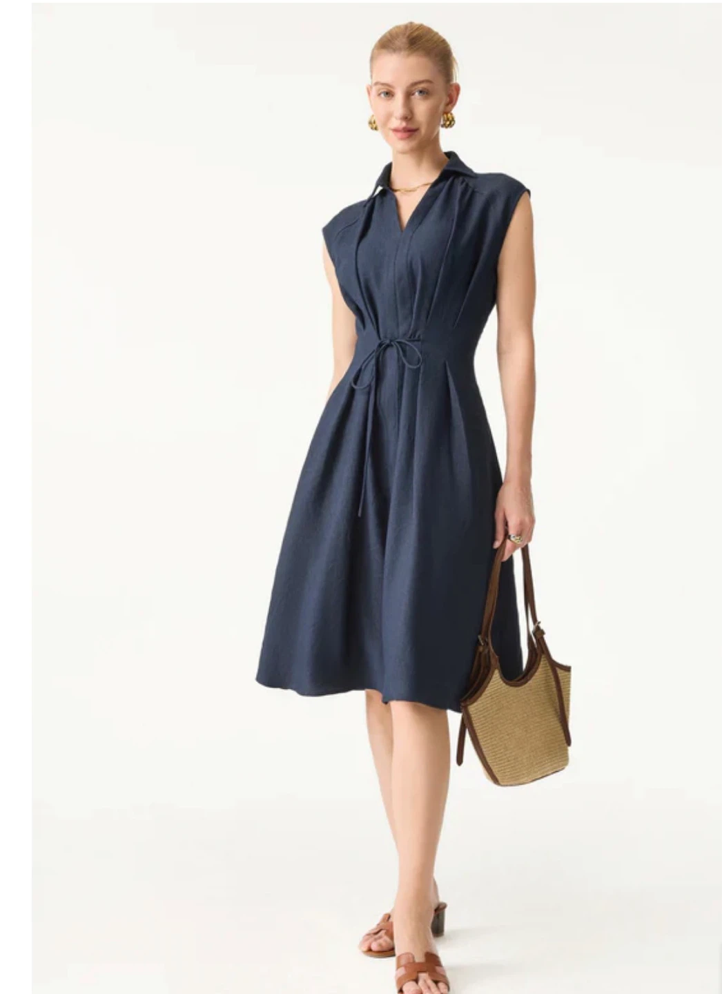 Viscose-Linen Collared V-neck Midi Dress with Drawstring