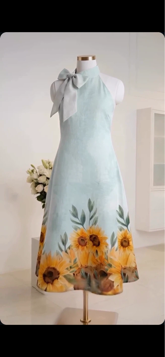 Light Blue Halter Dress with Sunflower Print(Brand New)