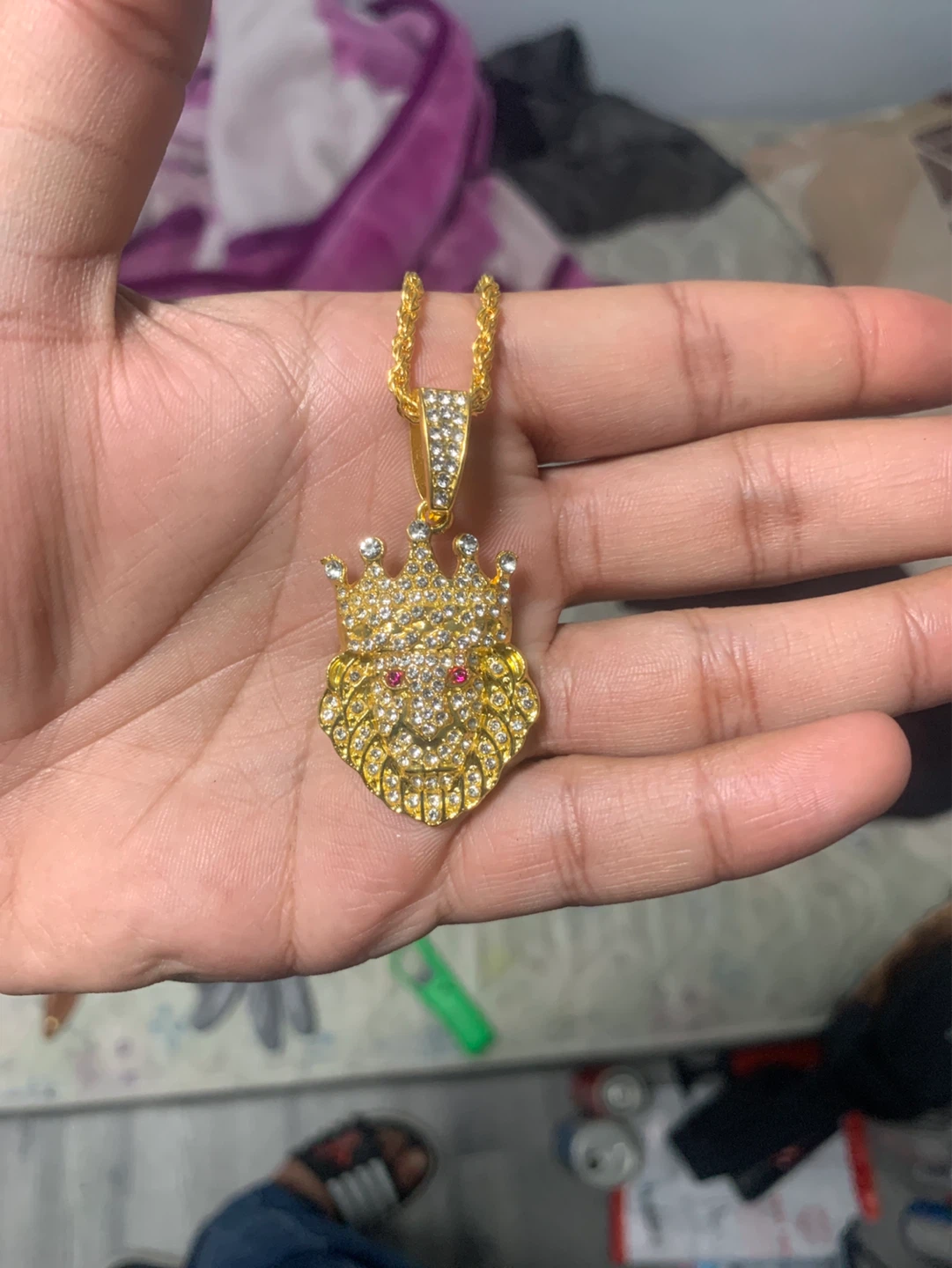 Gold Lion Head Pendant Necklace with Rhinestones