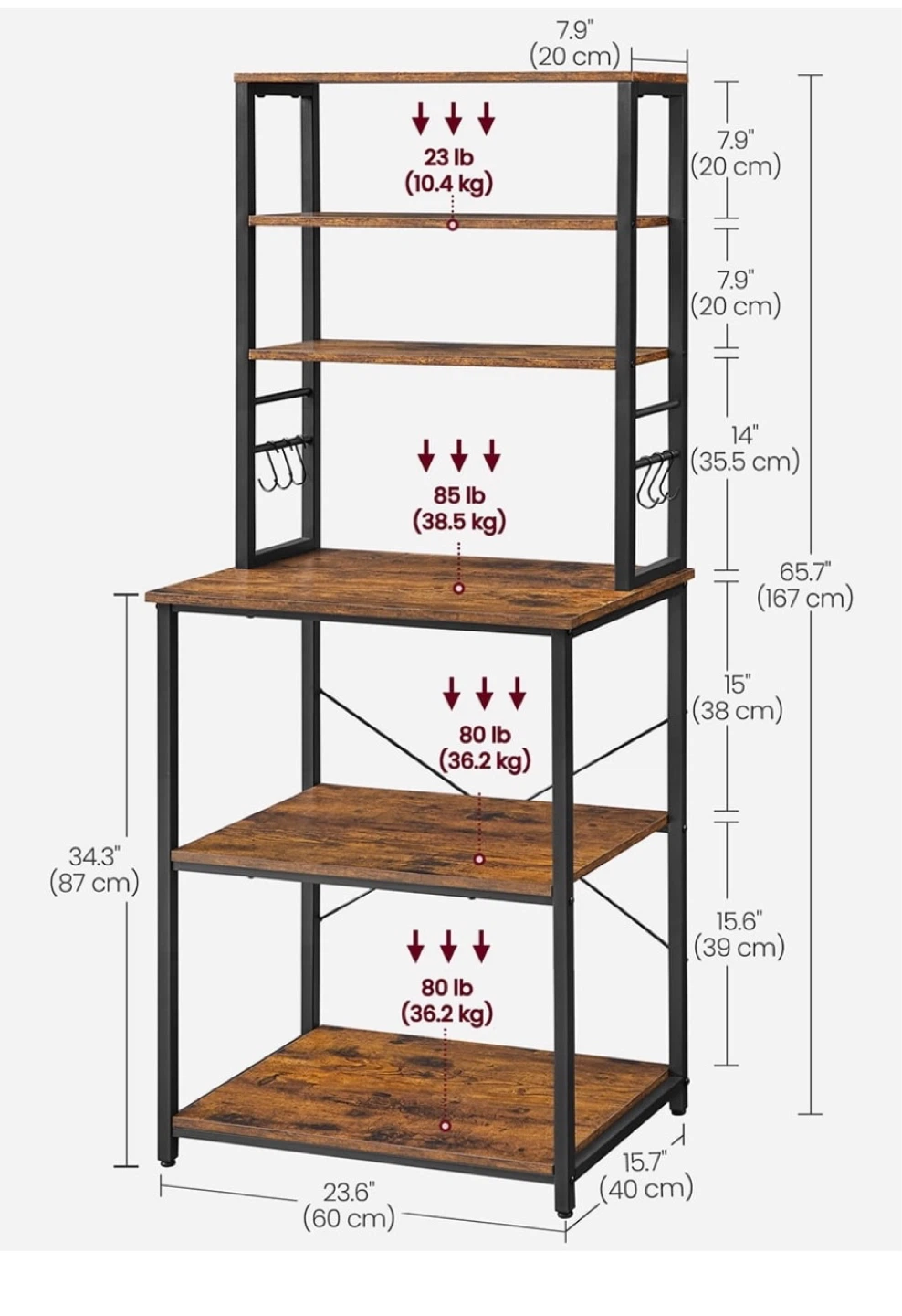 Rustic Brown Kitchen Baker's Rack with Storage Shelves