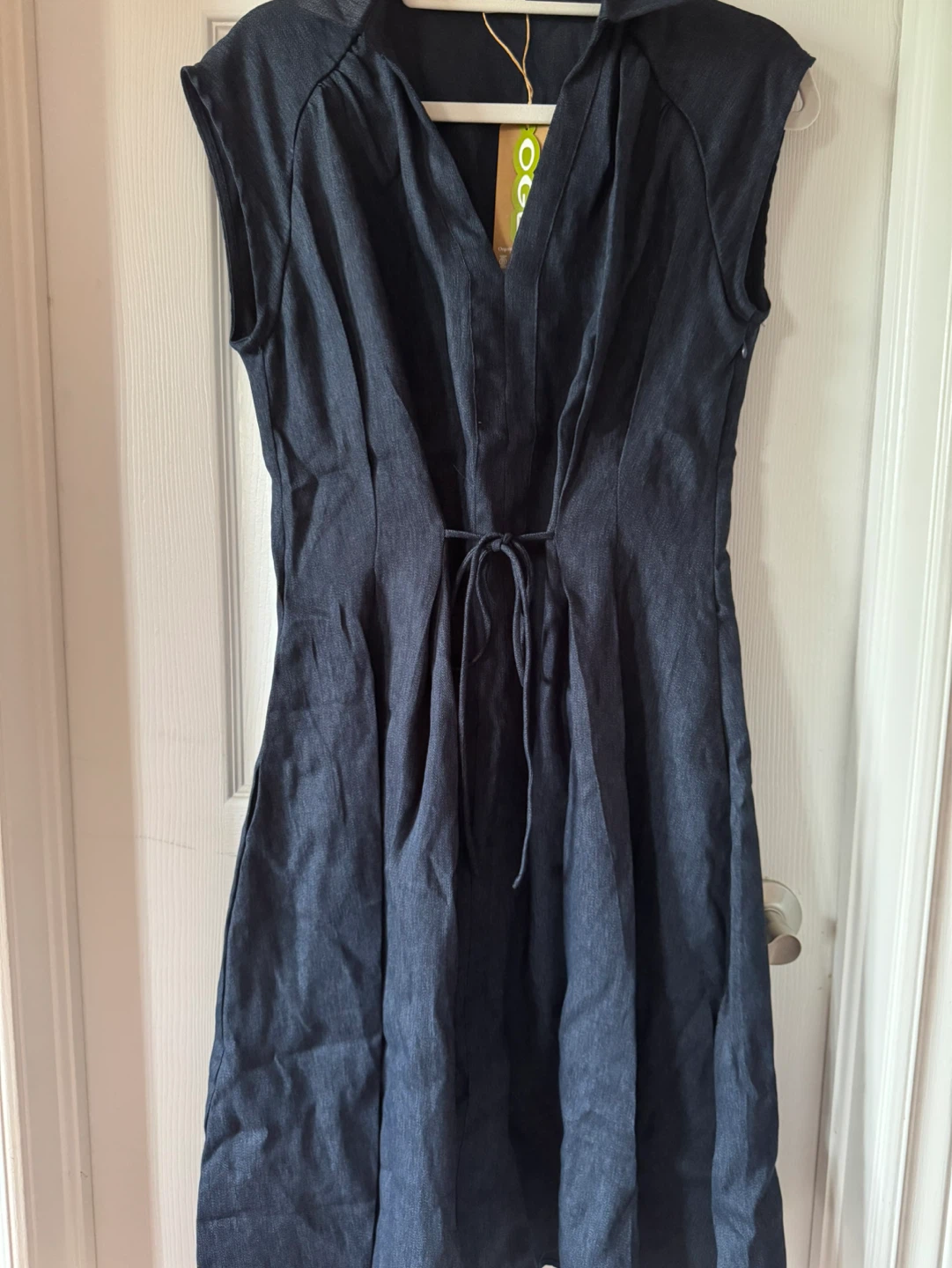 Viscose-Linen Collared V-neck Midi Dress with Drawstring - photo 4