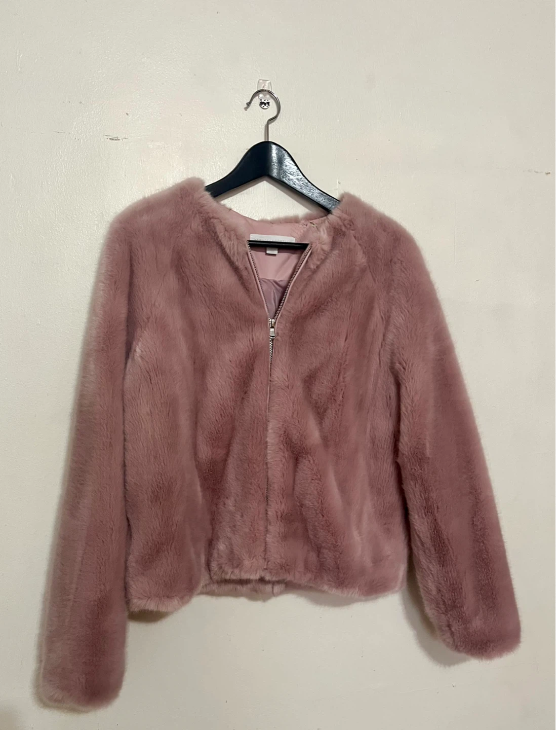 NY & Co Pink Faux Fur Bomber Jacket (**small defect inside)