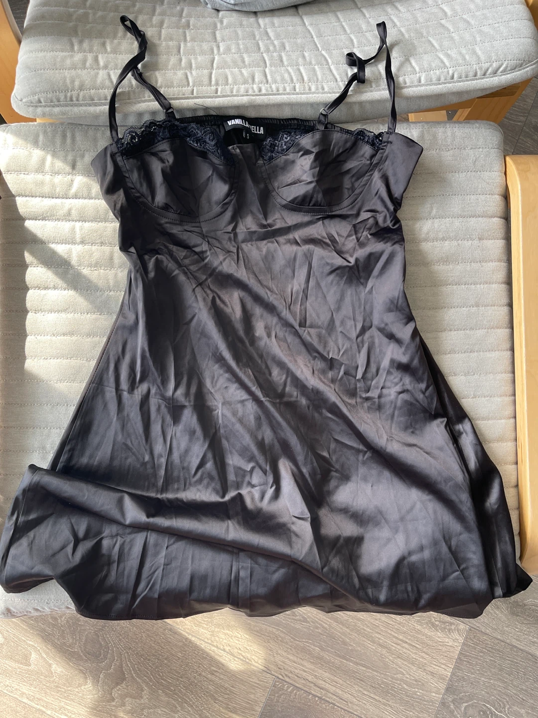 Black Satin Lace Slip Dress
