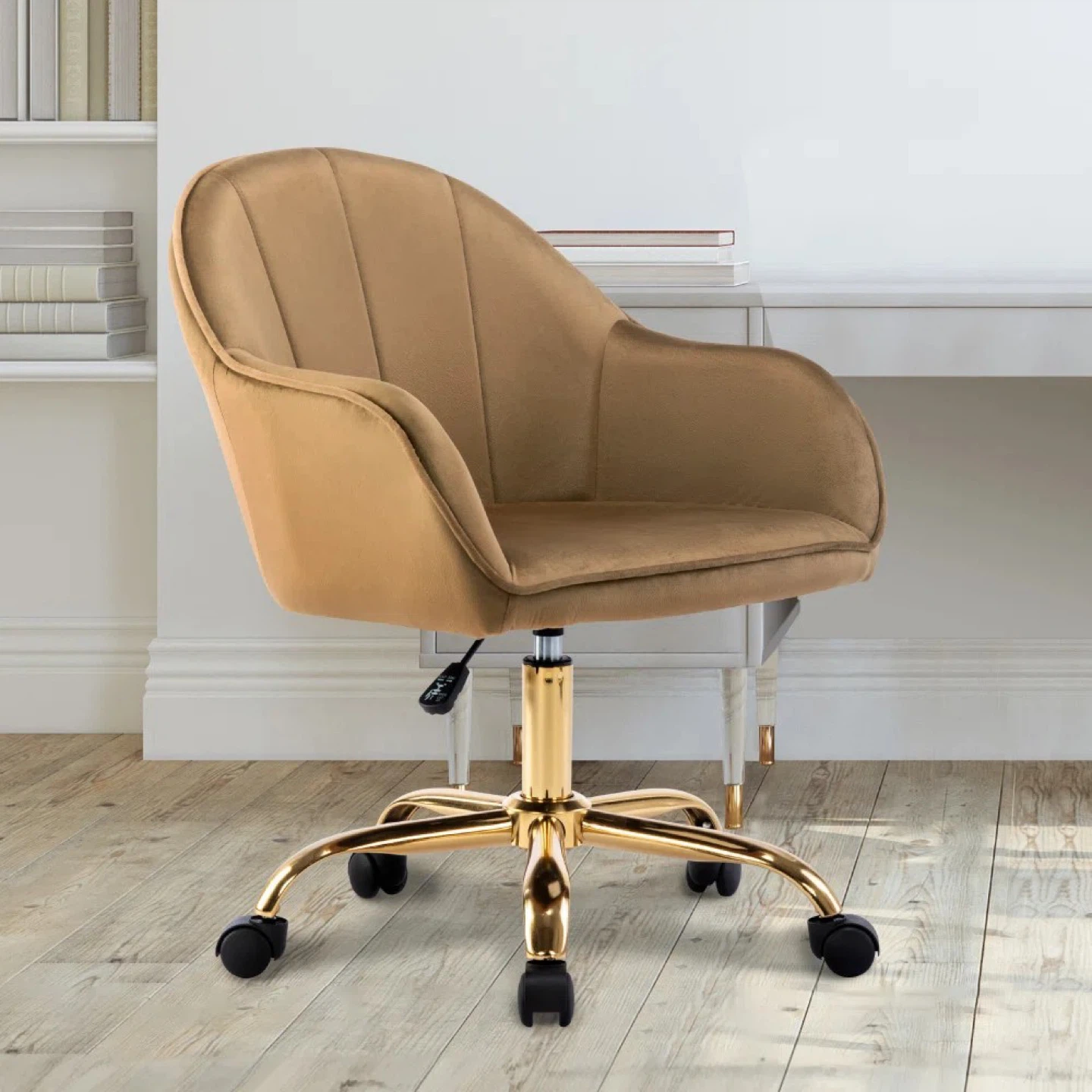 Champagne Velvet Office Chair - Golden Chrome Base