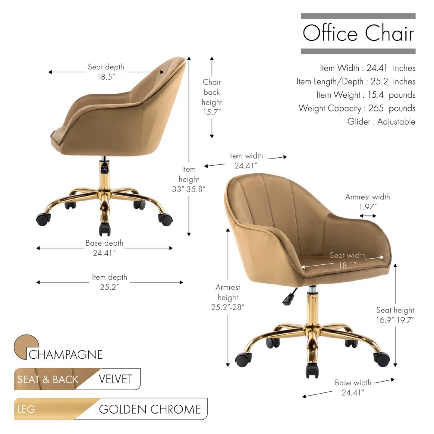 Champagne Velvet Office Chair - Golden Chrome Base - photo 2