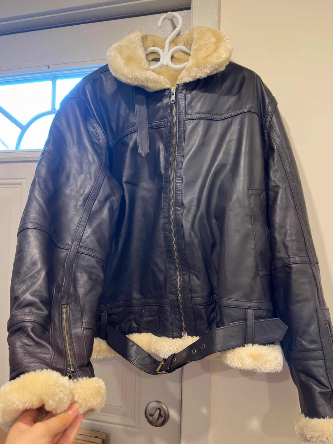 Black Leather Bomber Jacket with Shearling Collar