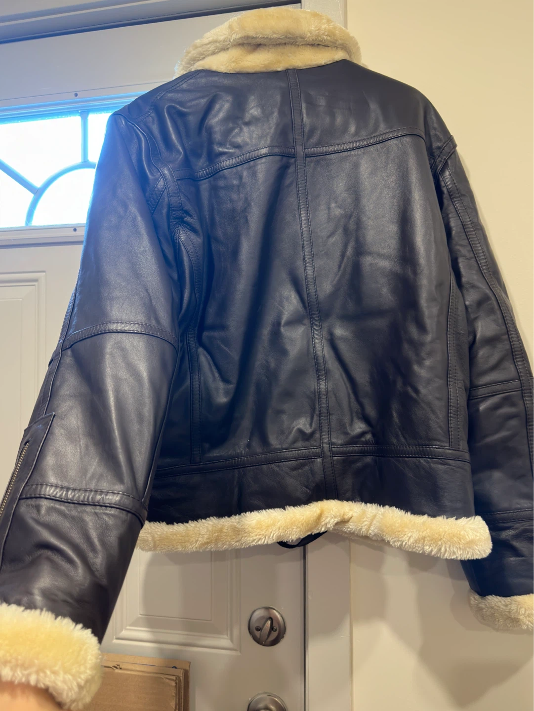 Black Leather Bomber Jacket with Shearling Collar - photo 2