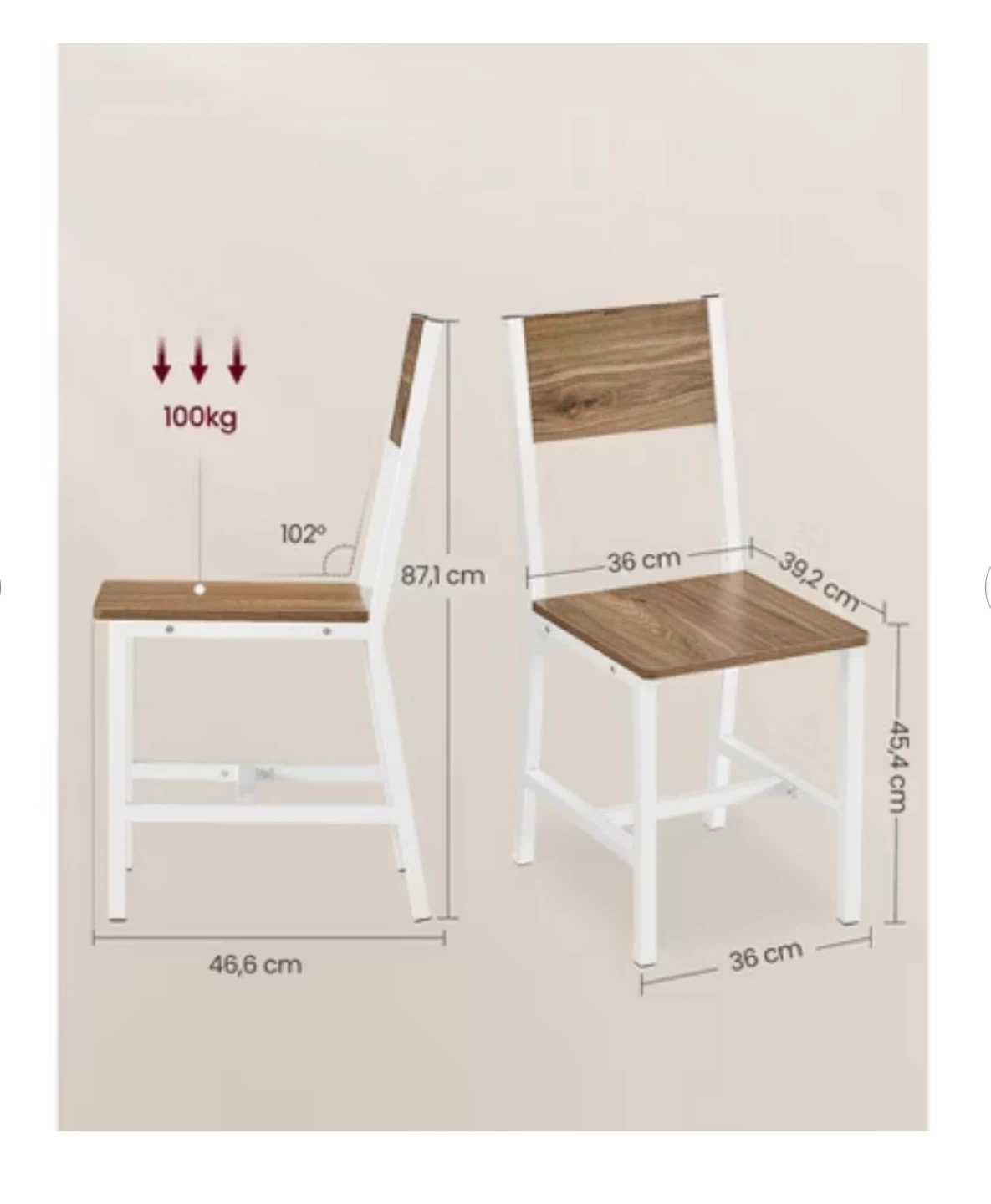 Set of 2 Dining Chairs - Wood Seat & Back, White Metal Frame - photo 2