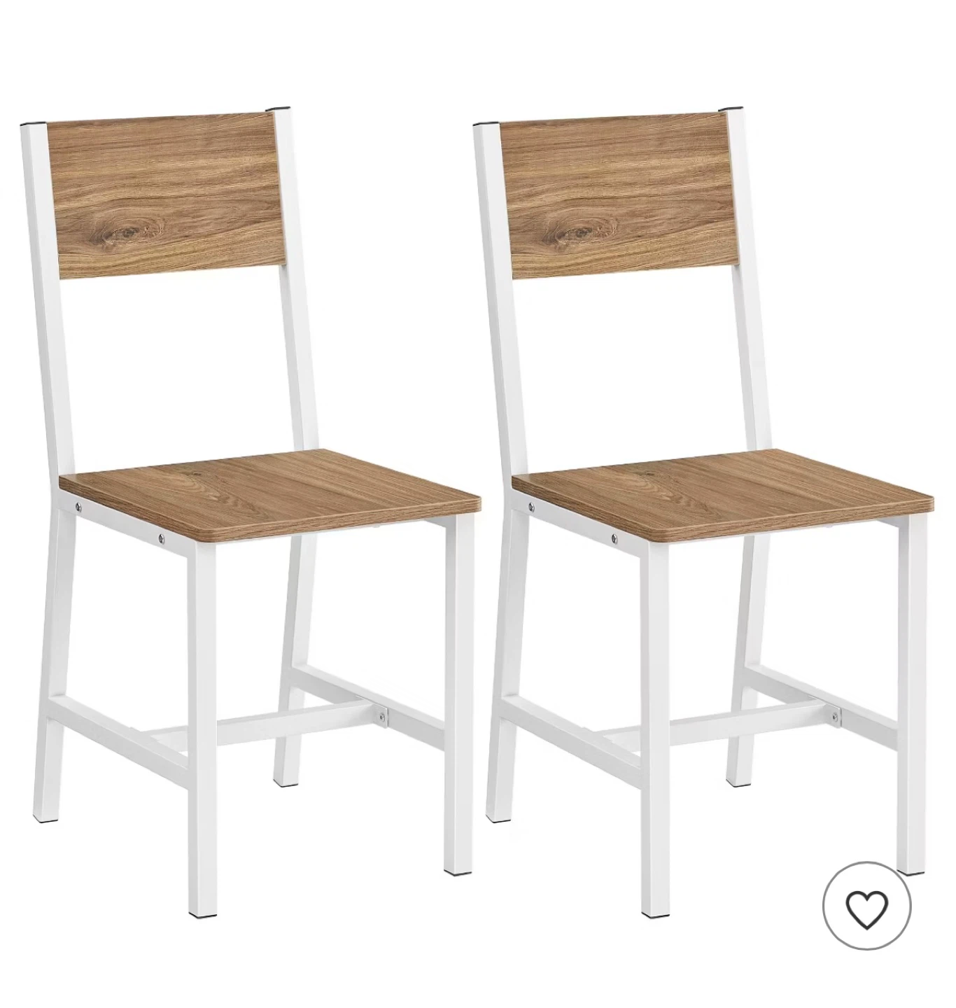 Set of 2 Dining Chairs - Wood Seat & Back, White Metal Frame
