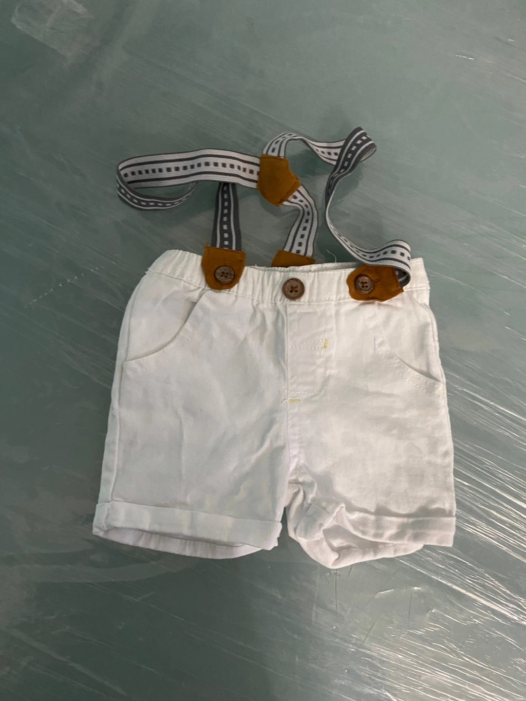 White Baby Shorts with Suspenders Size 3/6M