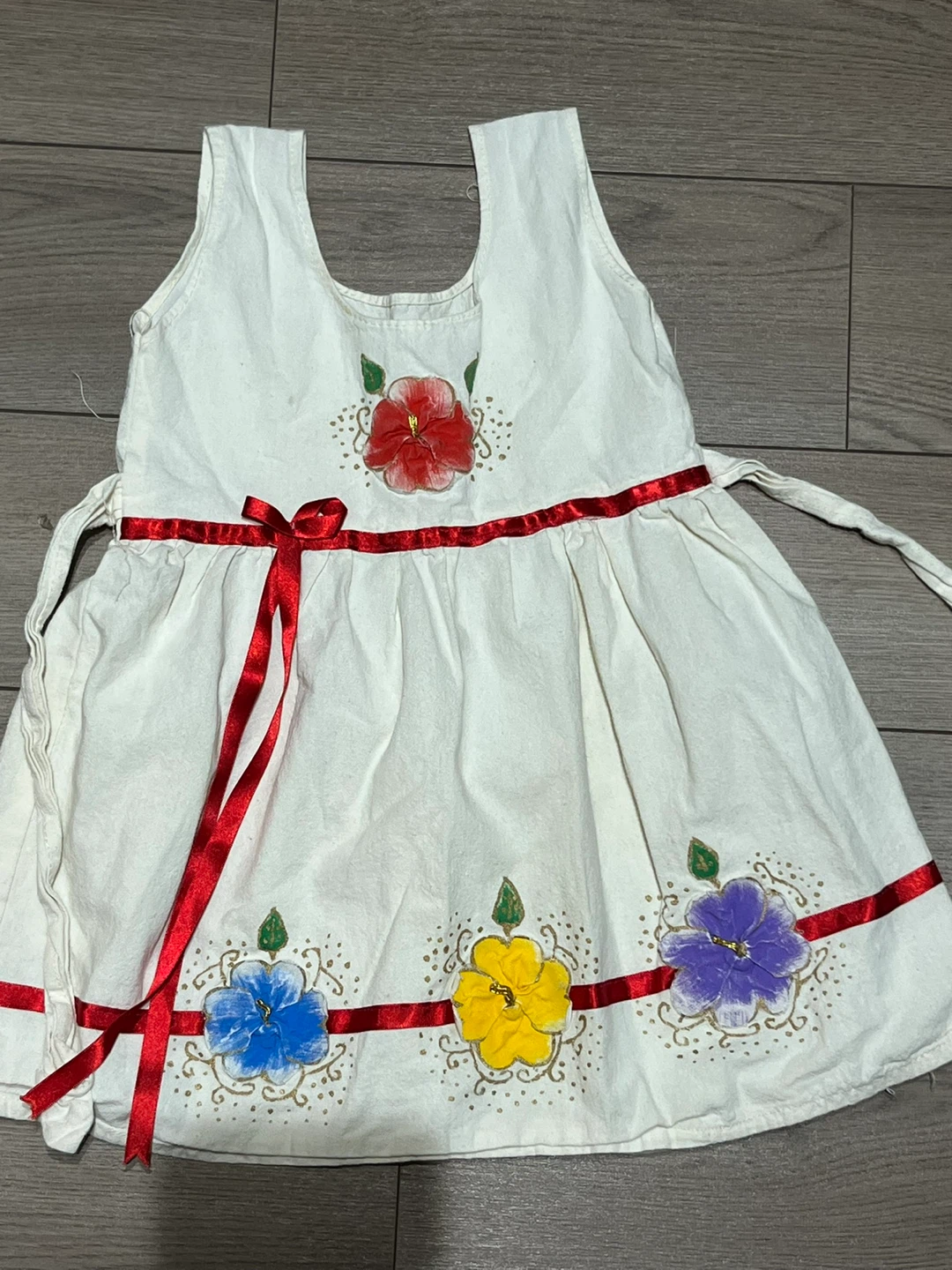 Girls' White Dress with Floral Print and Red Ribbons