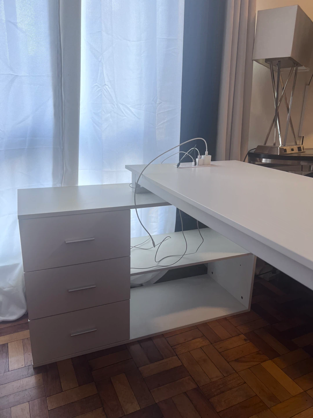 Spacious L-Shaped Desk with Built-in Power Strip + 3 drawers