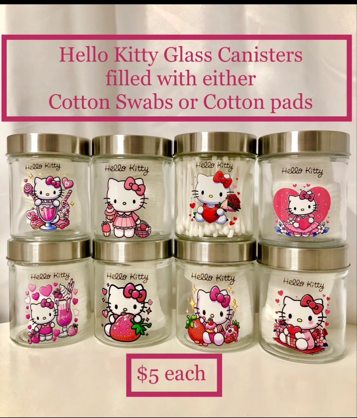 Hello Kitty Glass Canisters with Cotton Swabs or Pads