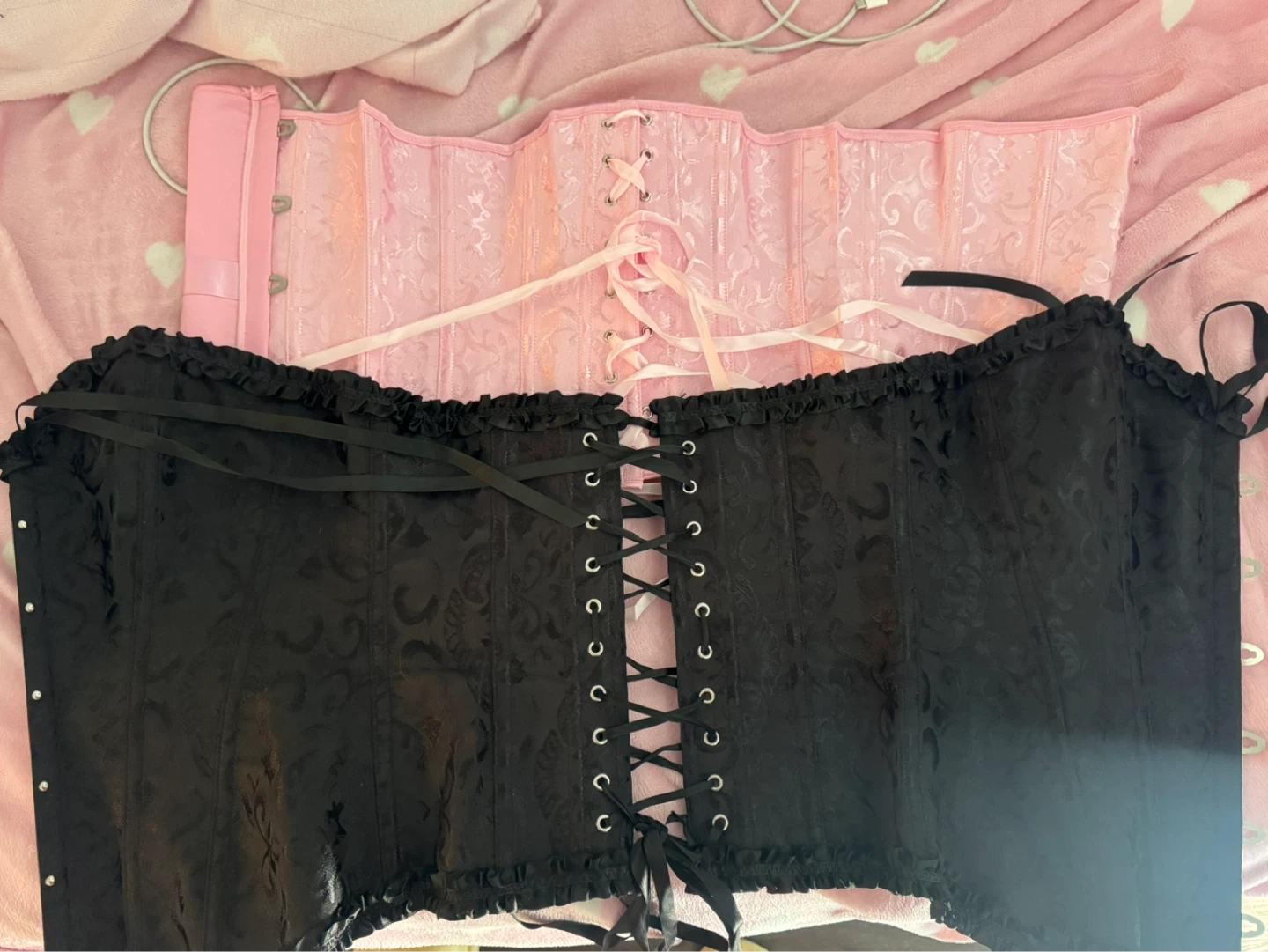 Corset Top Duo - Black & Pink Brocade