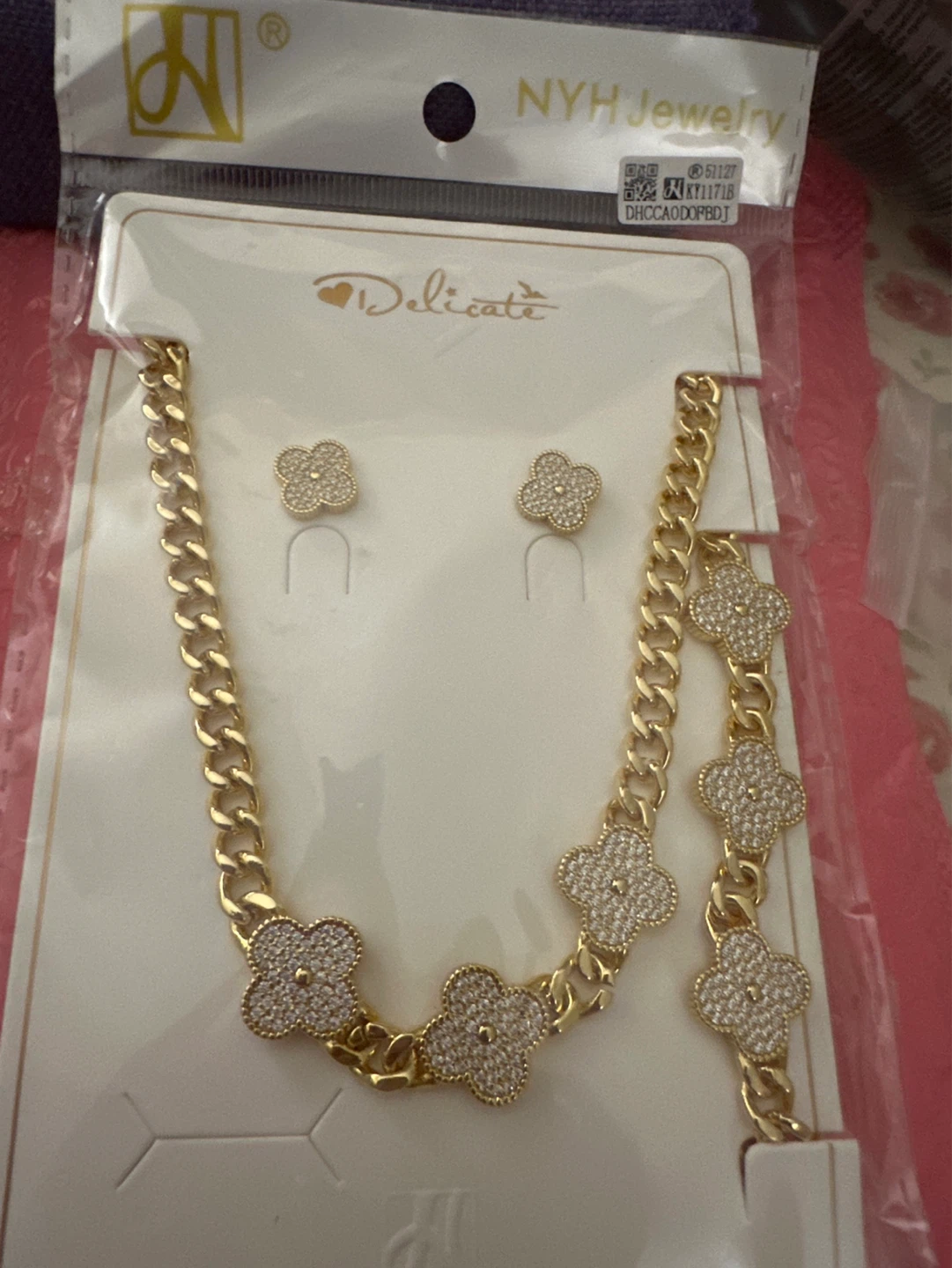 NYH Jewelry Gold laminated Clover Necklace and Earrings Set