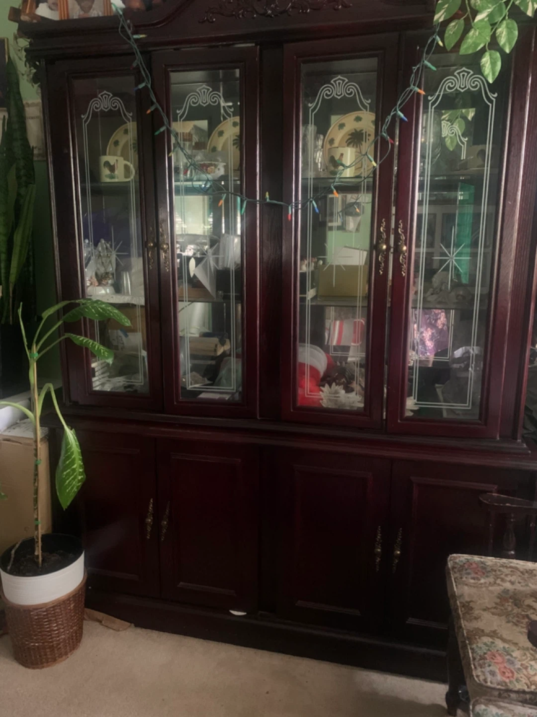 Dark Red Wood China Cabinet Glass Doors with built in lights - photo 2