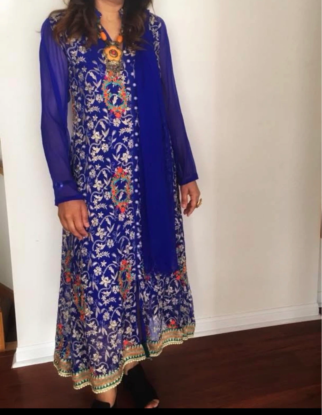 Blue Embroidered long Kurti with Scarf