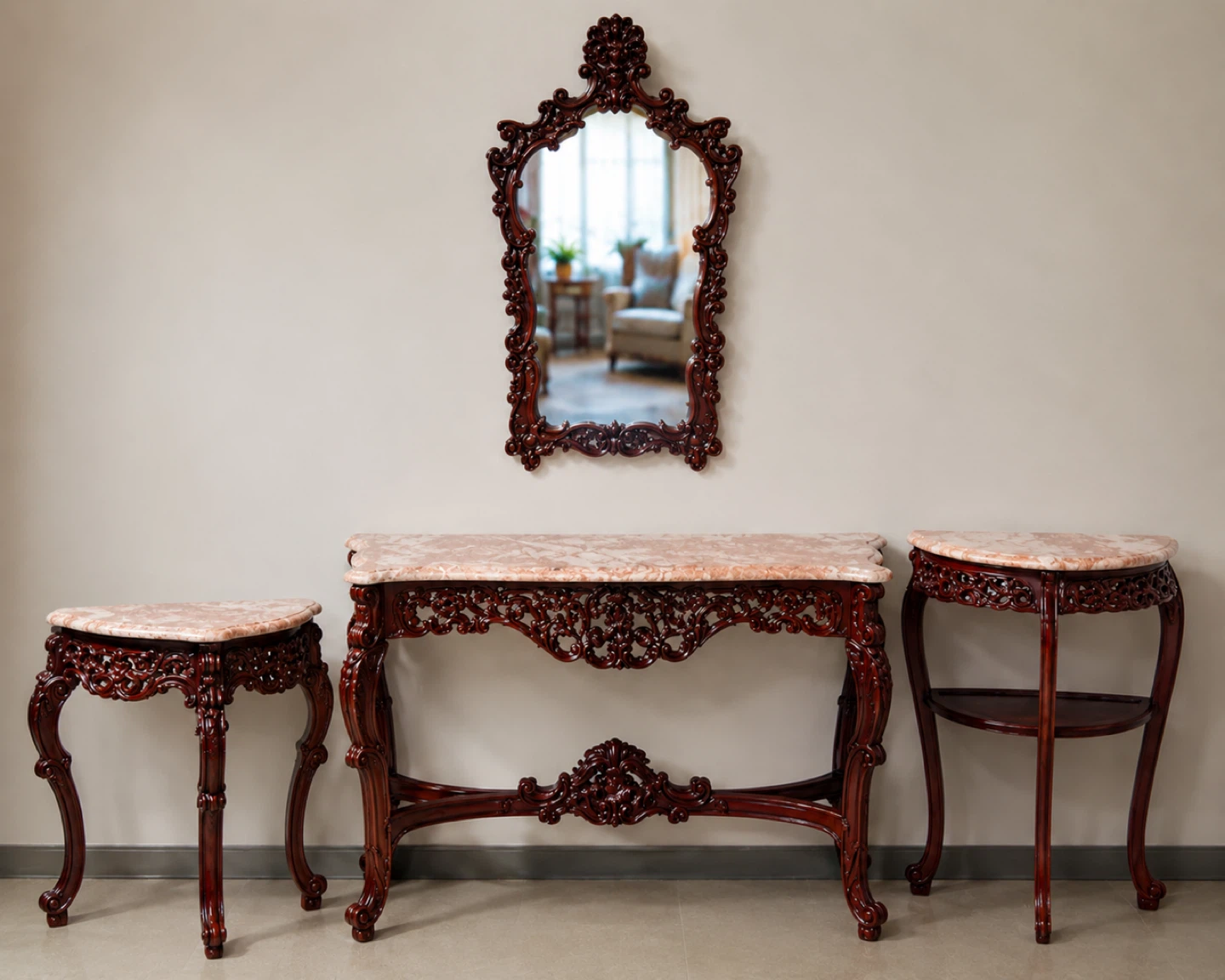 Antique Carved Wood Console Table Set with Mirror