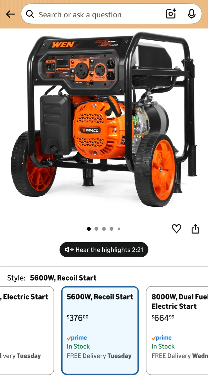 WEN 5600W Surge / 4500W Rated Portable Generator