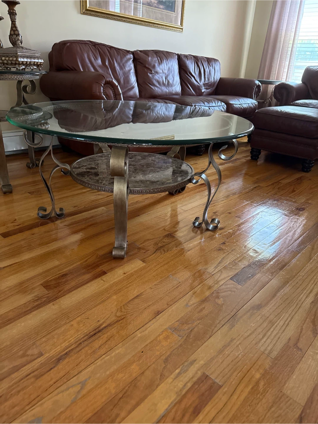Glass Marble Coffee Table & 2 end tables Metal Scrollwork Frame