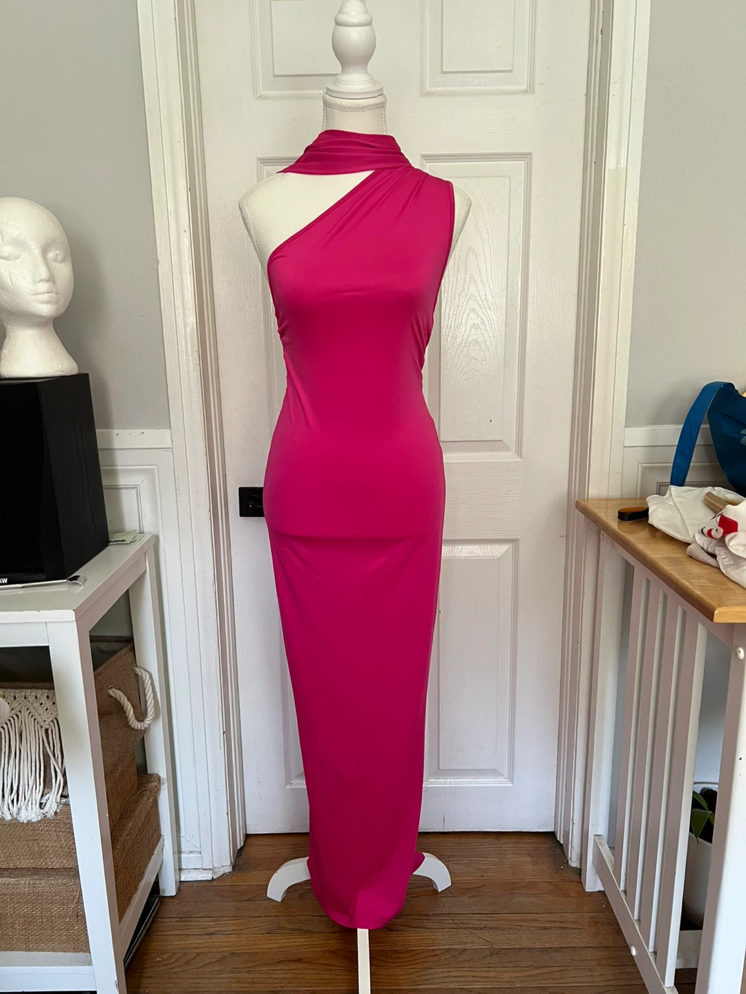 (New)Hot Pink Halter Neck Ruched Maxi Dress
