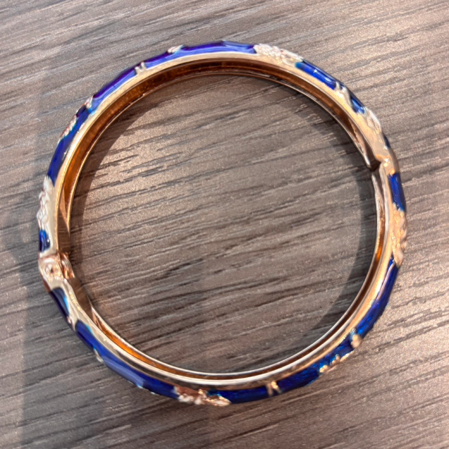 Blue Enamel Bangle Bracelet with Gold Tone Accents