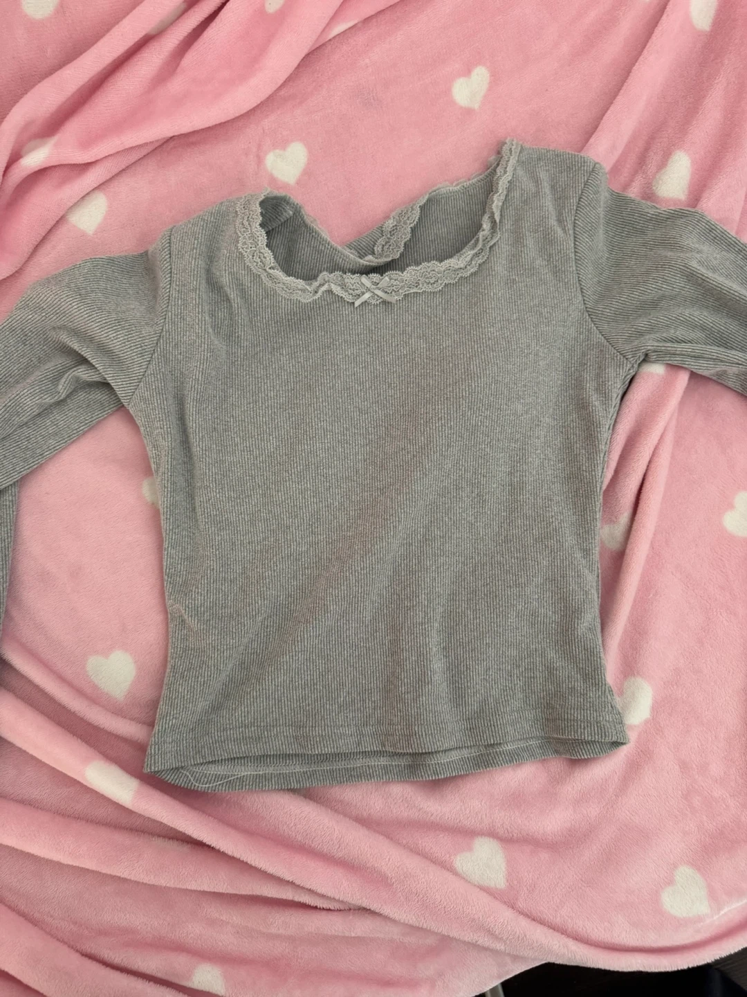 Grey Long Sleeve Top with Lace Trim