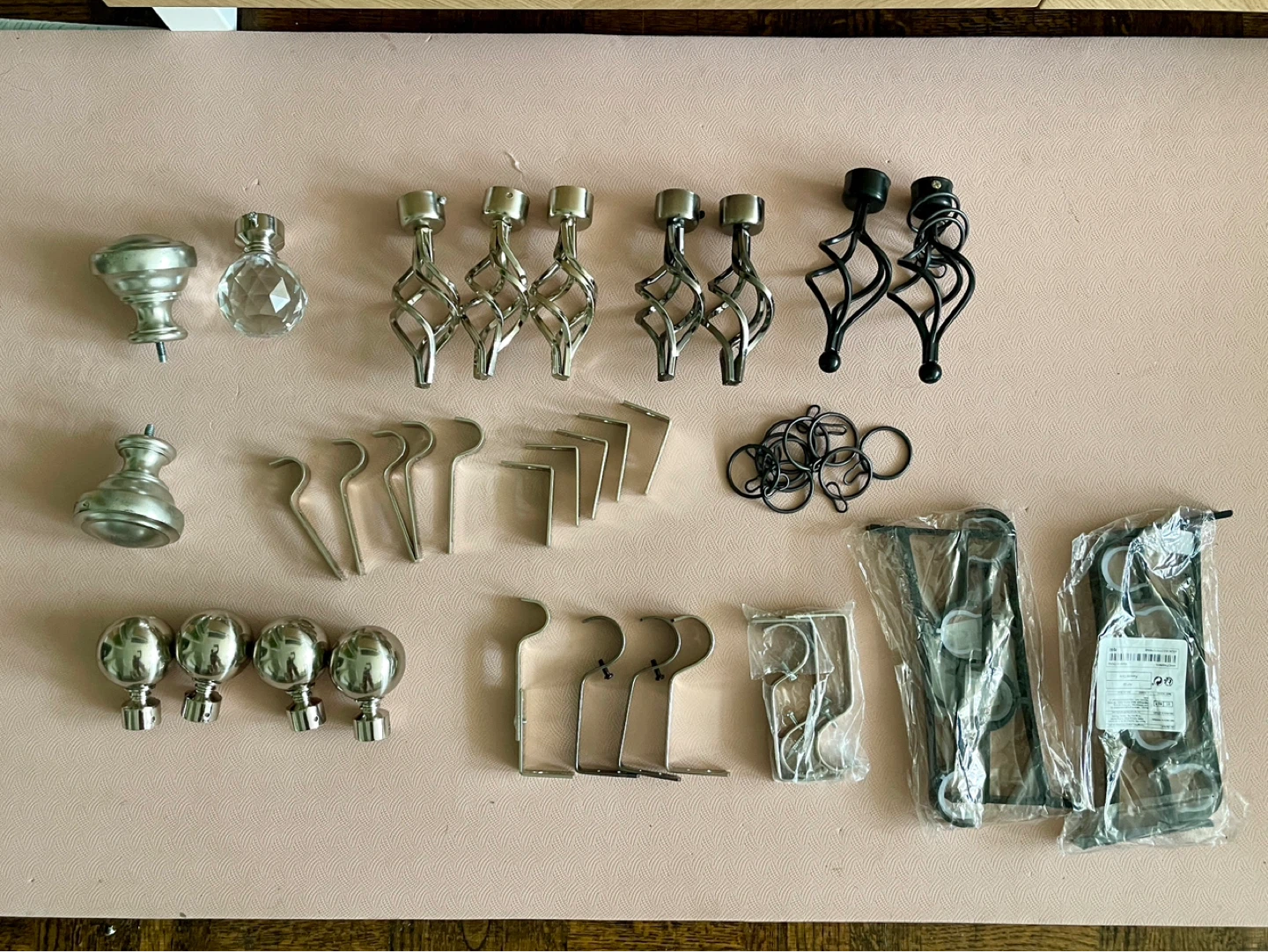 Large Assortment of Curtain Rod Finials, Brackets, & Hardware