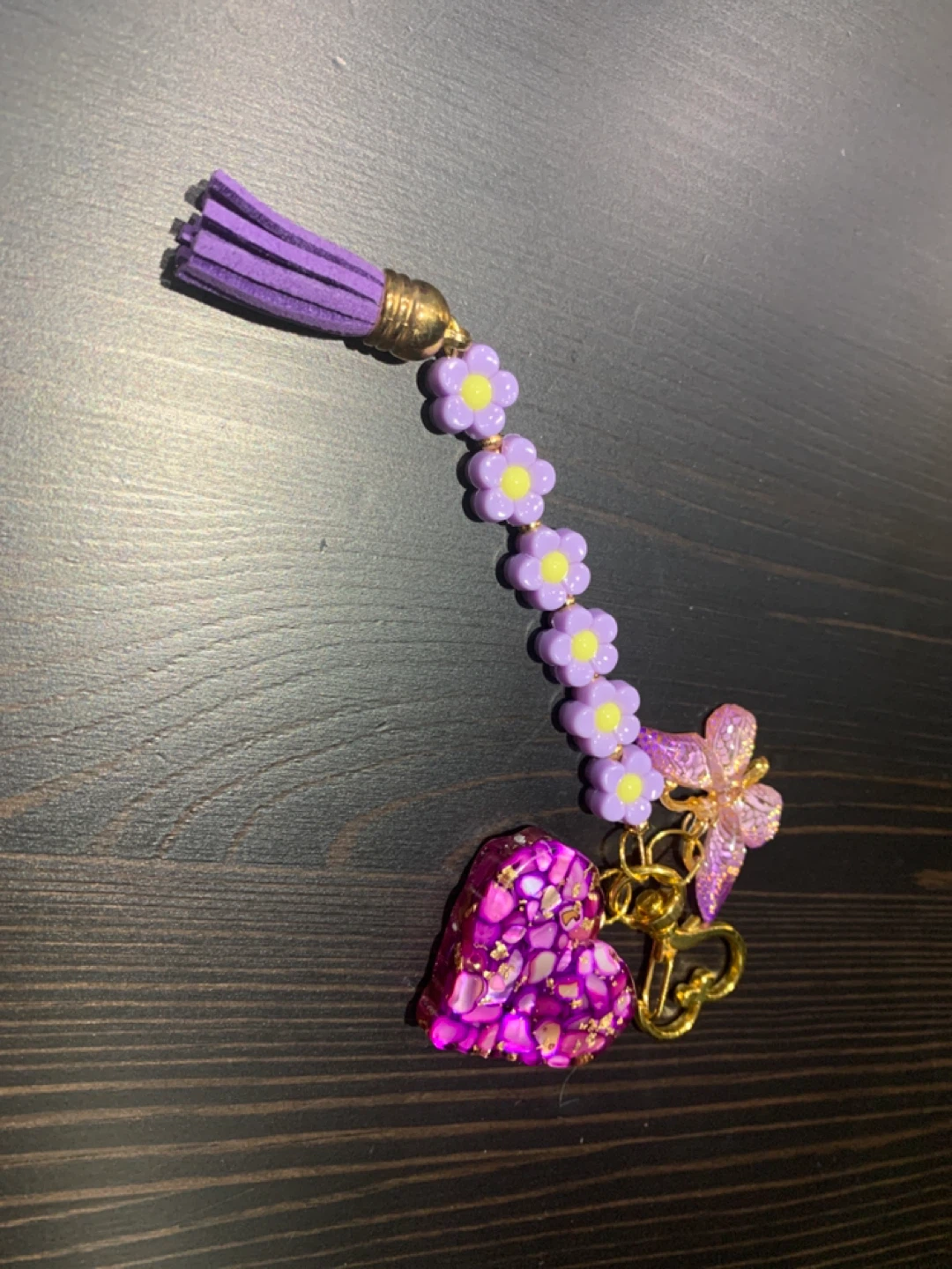 Purple Tassel Keychain with Flower and Heart Charm