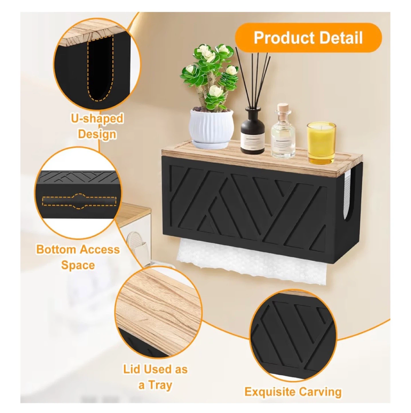 Black Paper Towel Holder with Wood Lid
