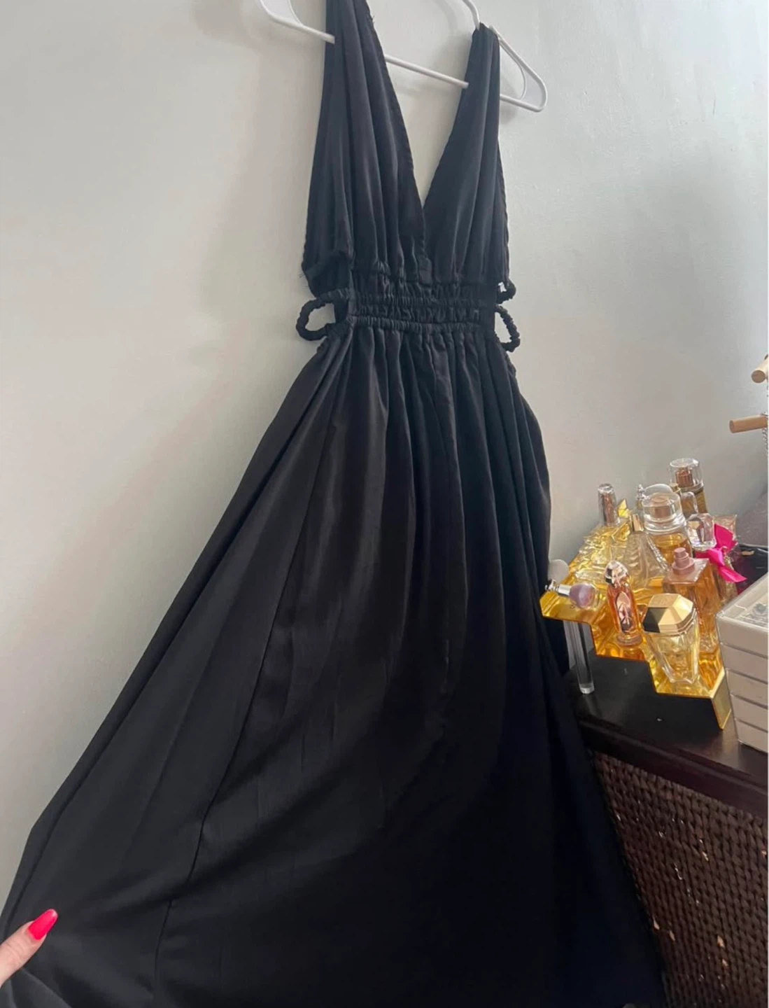 Black Halter Neck Maxi Dress with Smocked Waist. Size large