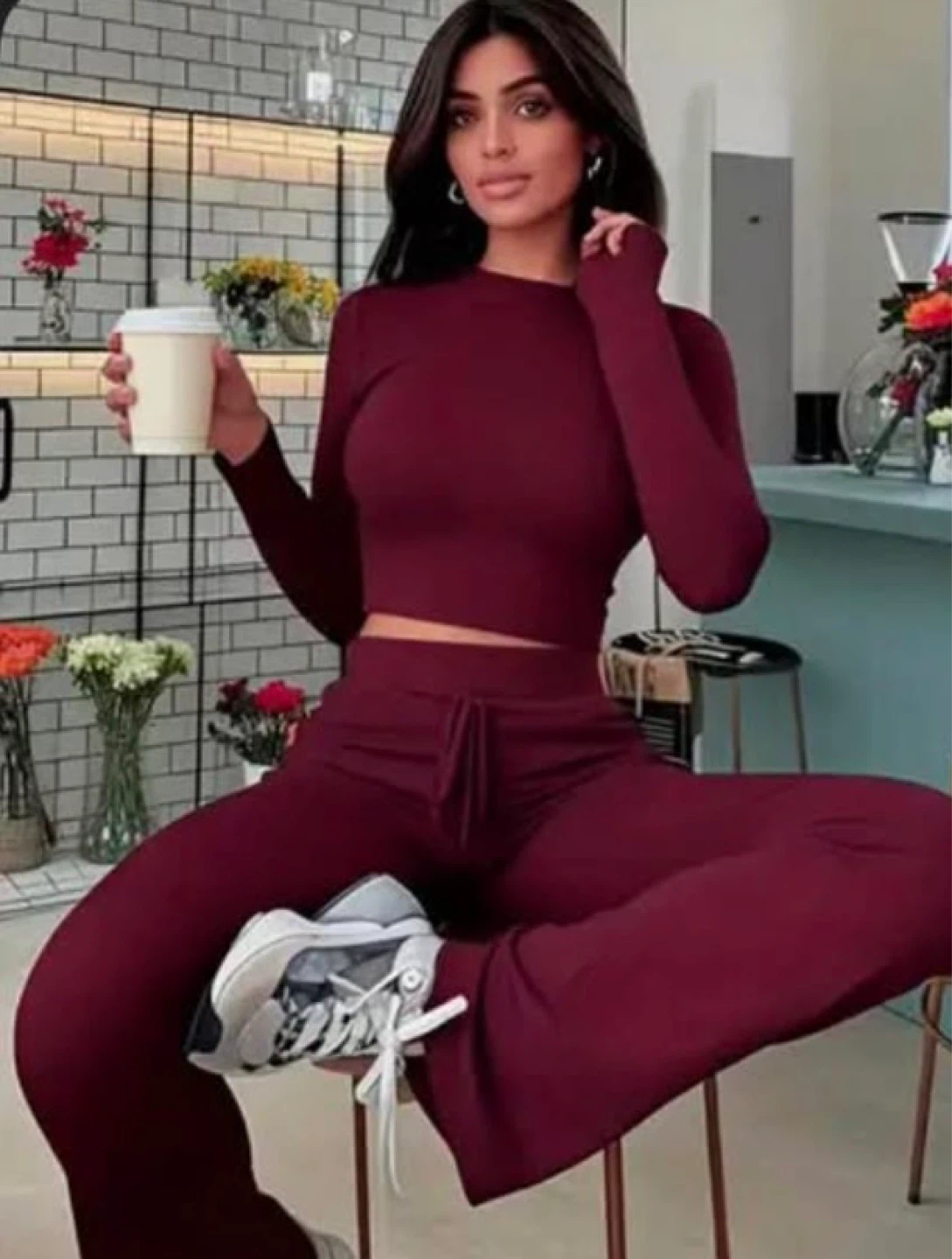 Women's Burgundy Crop Top and Wide Leg Pants Set