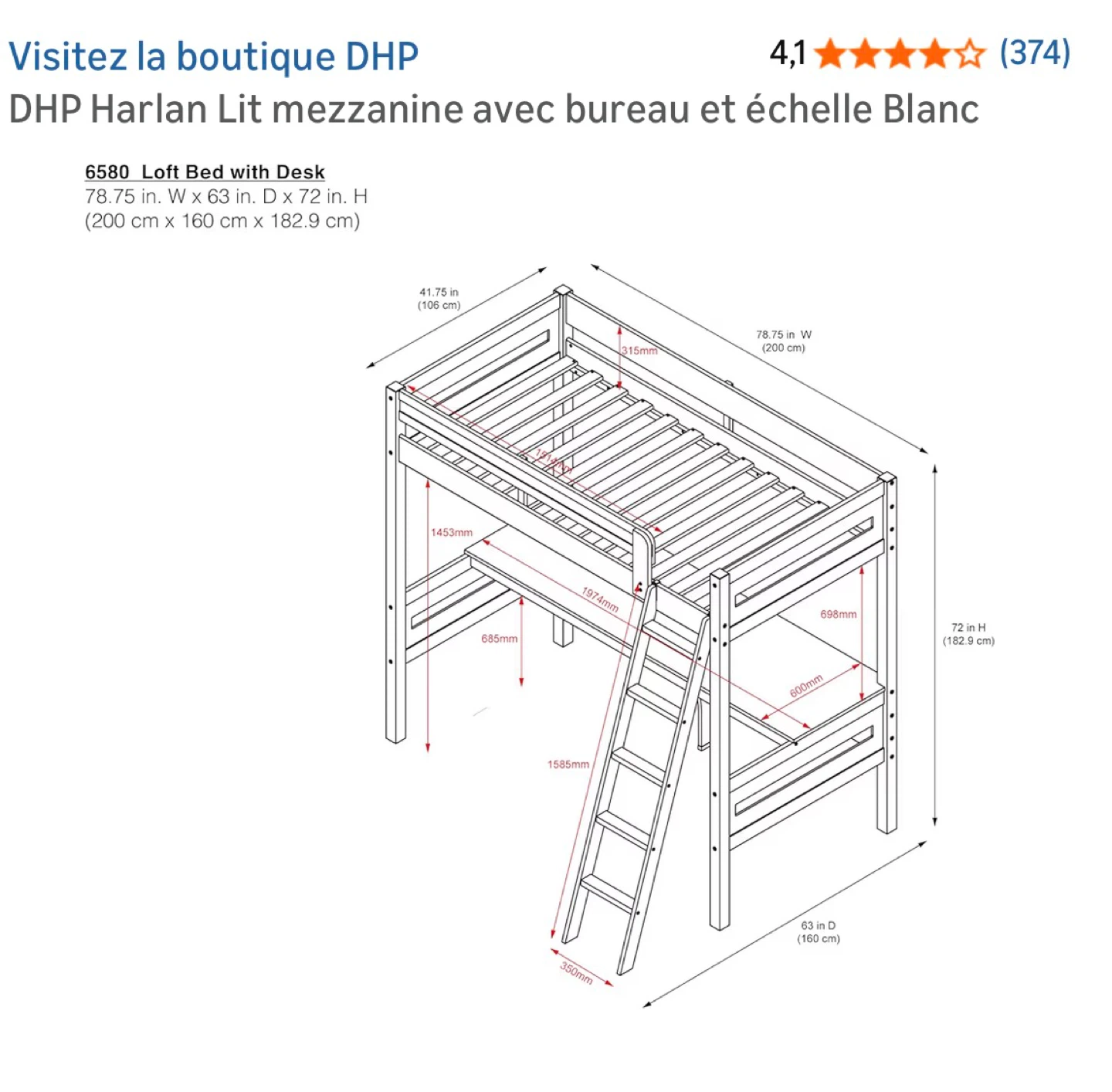 DHP Harlan Loft Bed with Desk and Ladder - White - photo 2