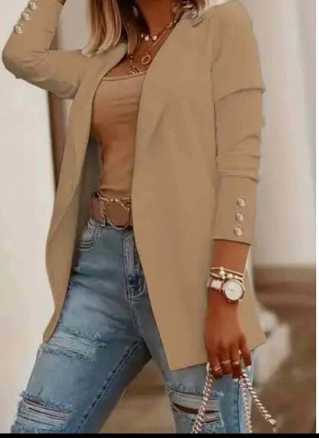 Women's Beige Blazer with Button Cuffs. Size large