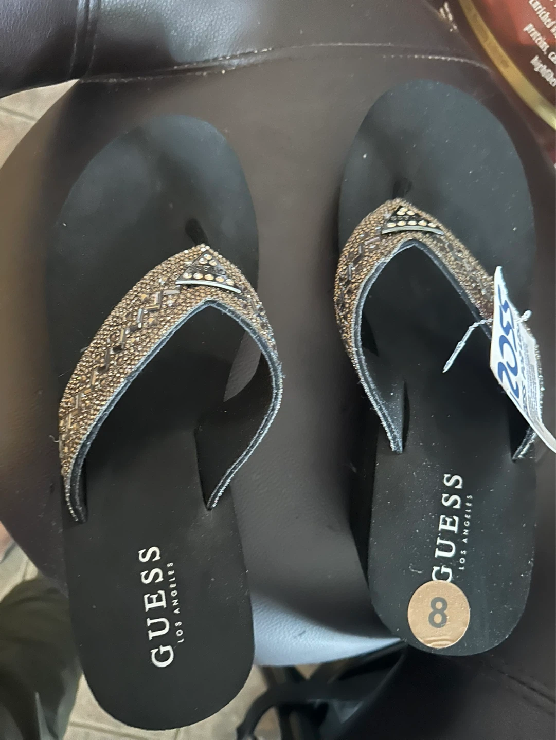 GUESS Black Wedge Flip-Flops with Embellished Straps Size 8
