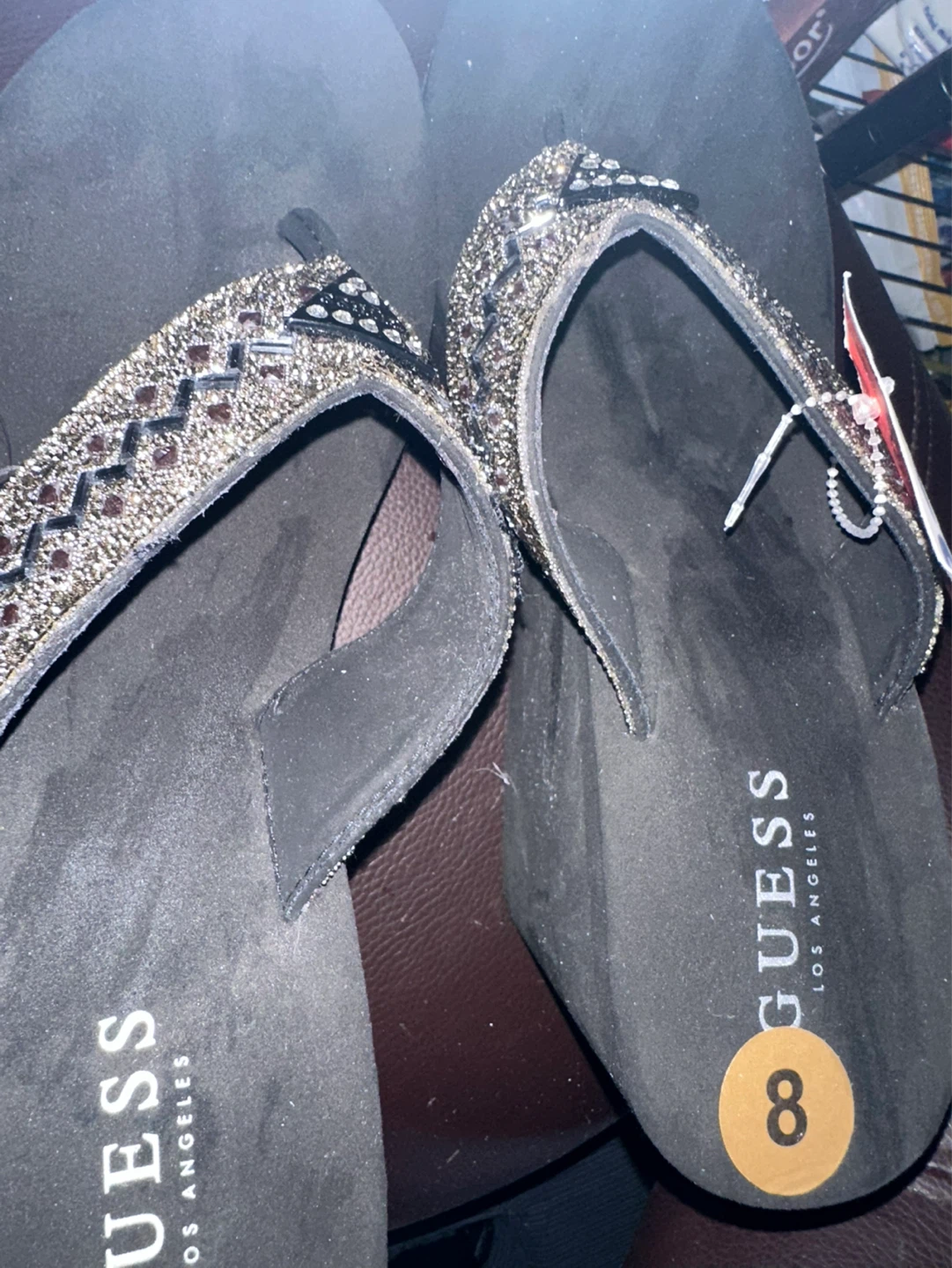 GUESS Black Wedge Flip-Flops with Embellished Straps Size 8 - photo 2