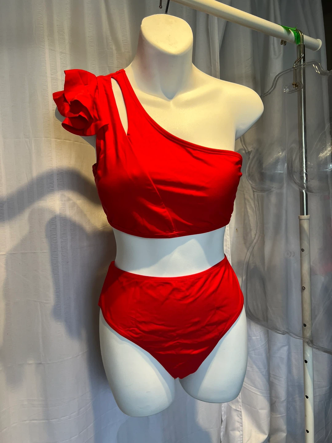 (New)Red One-Shoulder Swimsuit with Ruffle Accent