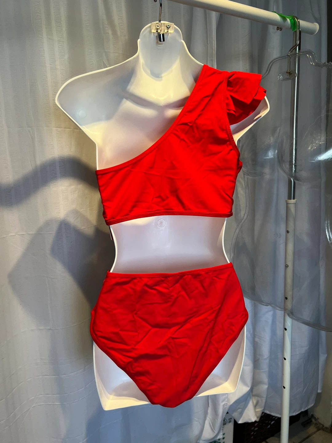 (New)Red One-Shoulder Swimsuit with Ruffle Accent - photo 2